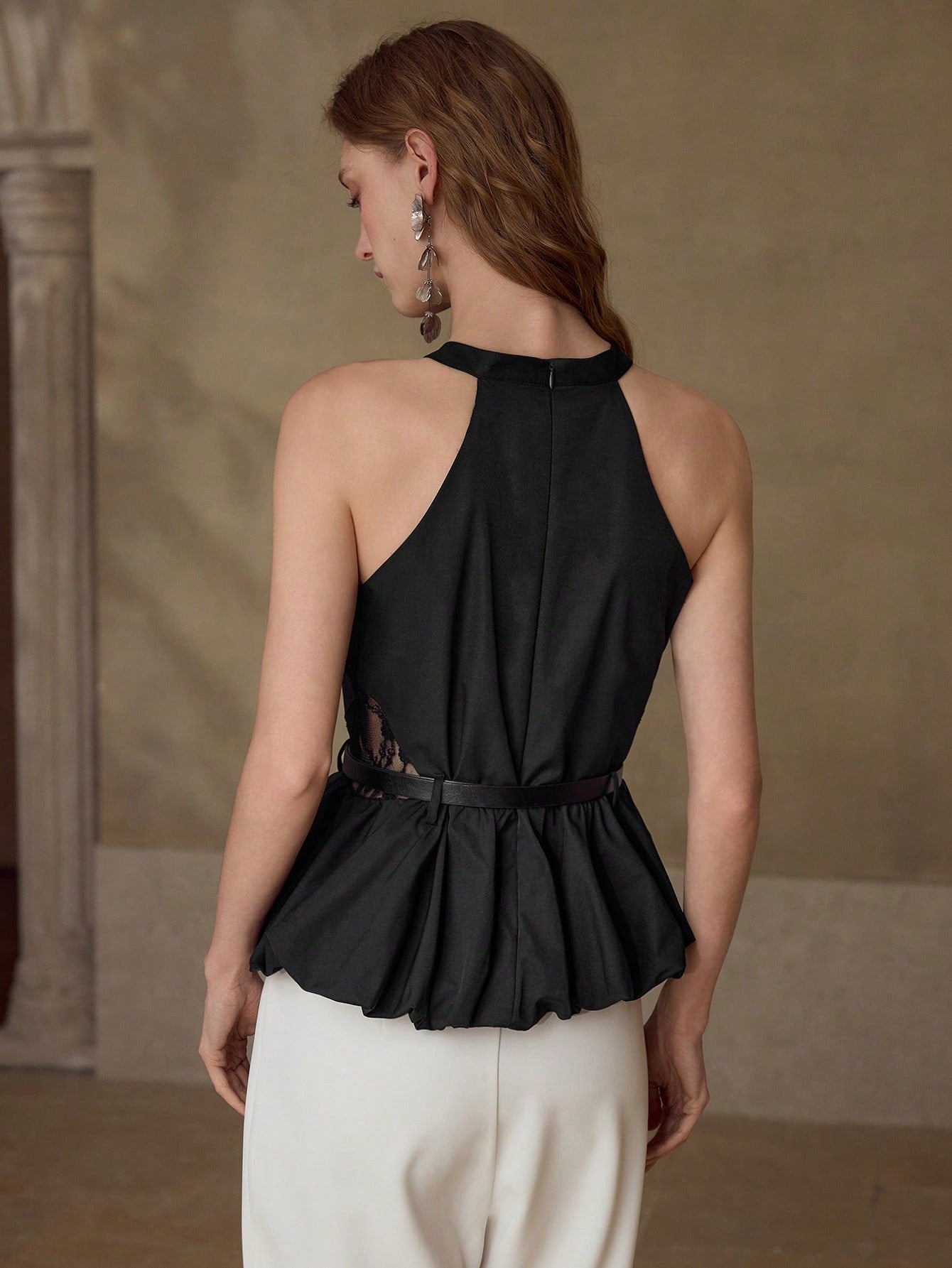 CM-TS131637 Women Elegant Seoul Style Halter Neckline Sleeveless Rhinestone Contrats Lace Peplum Top - Black