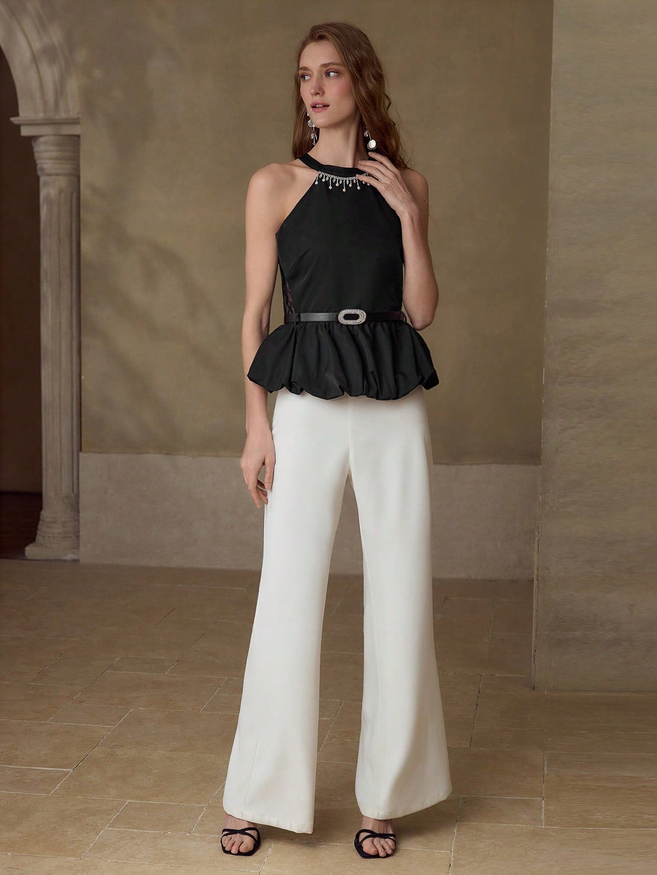 CM-TS131637 Women Elegant Seoul Style Halter Neckline Sleeveless Rhinestone Contrats Lace Peplum Top - Black