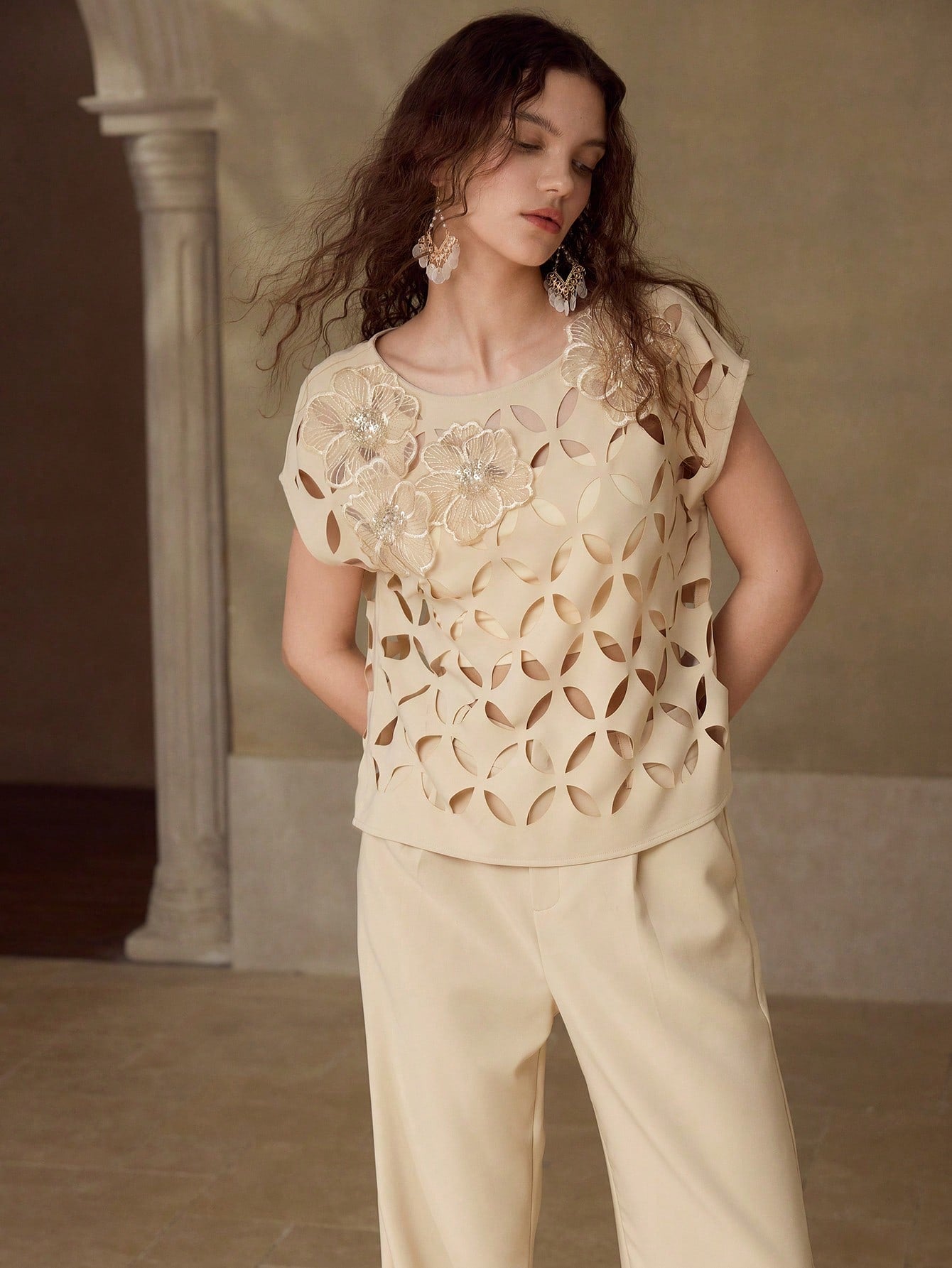 CM-TS689935 Women Elegant Seoul Style Floral Embroidery Round Neck Batwing Sleeve Blouse - Apricot