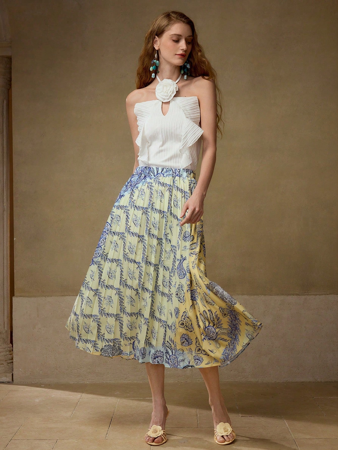 CM-BS583669 Women Trendy Bohemian Style Mid Waist All Over Print Pleated Mid-Length Skirt