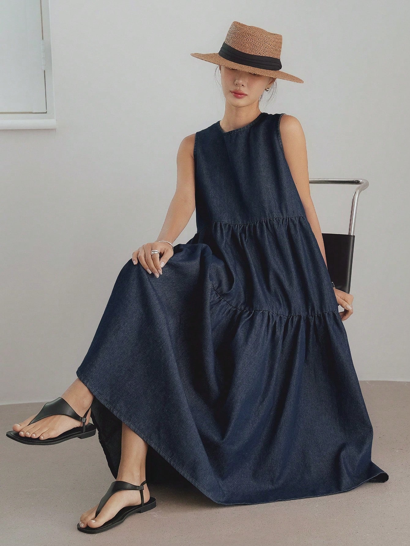 CM-DS393956 Women Casual Seoul Style Washed Round Neck Sleeveless High Waist Denim Dress - Blue