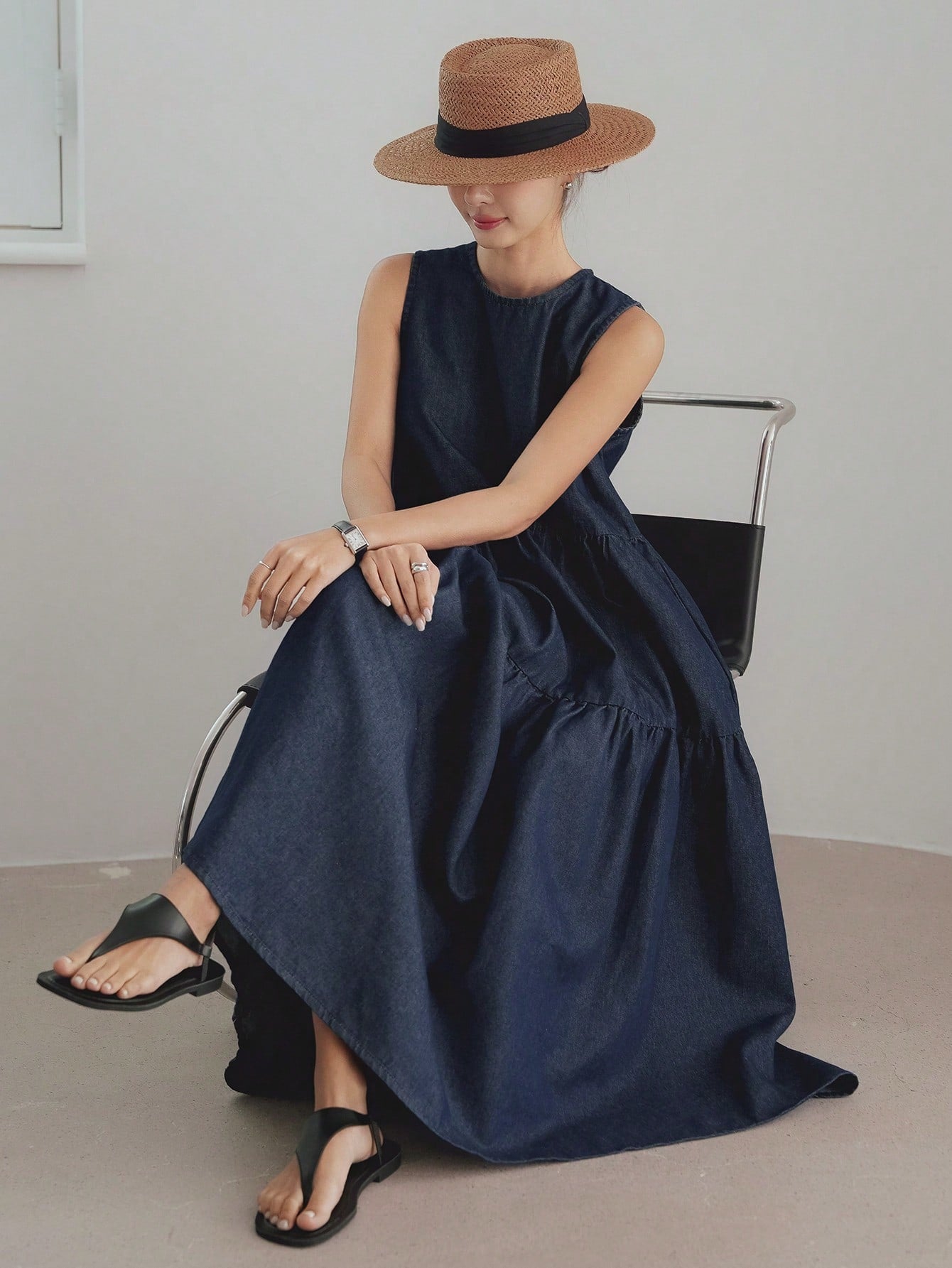 CM-DS393956 Women Casual Seoul Style Washed Round Neck Sleeveless High Waist Denim Dress - Blue