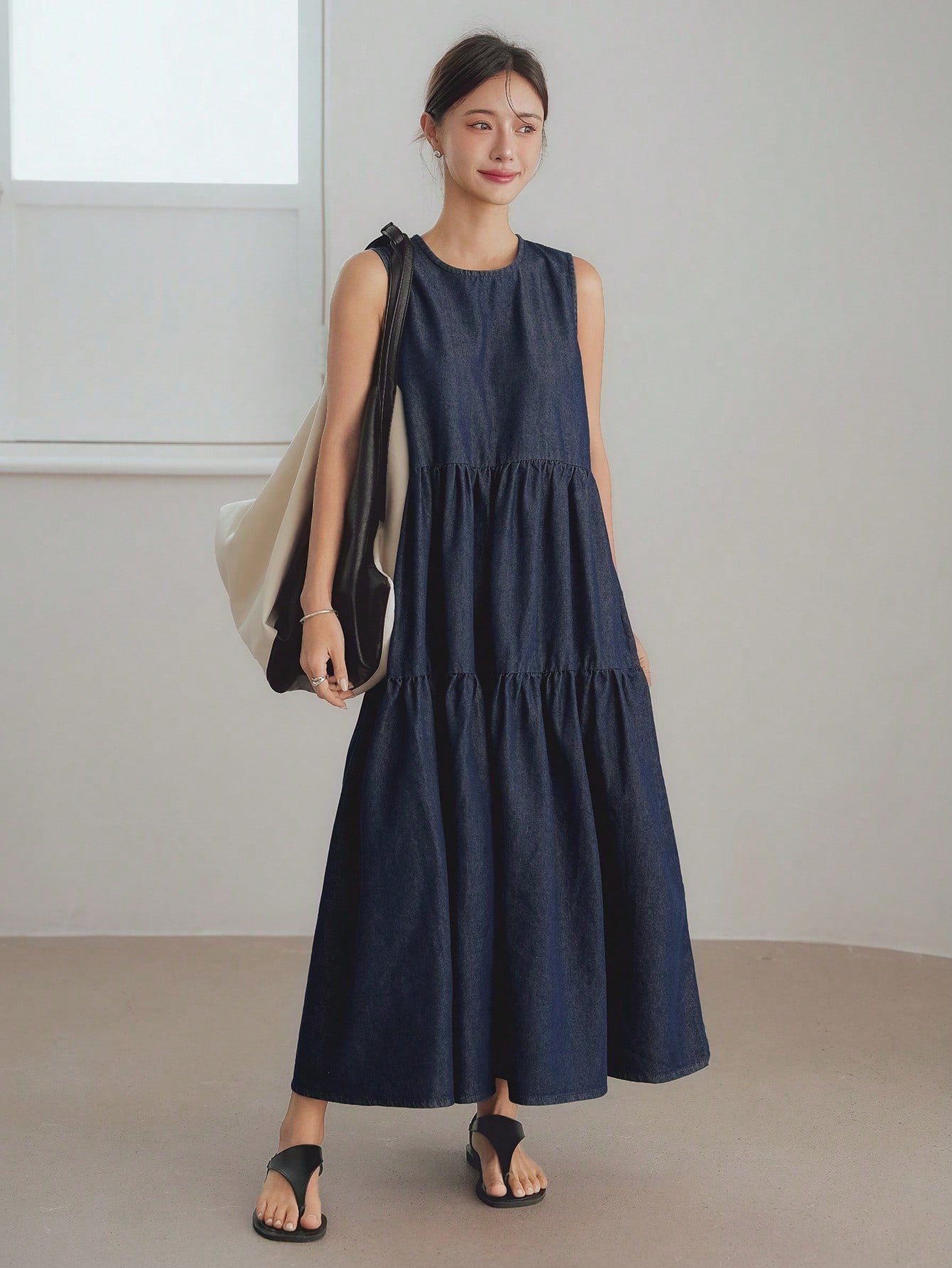 CM-DS393956 Women Casual Seoul Style Washed Round Neck Sleeveless High Waist Denim Dress - Blue