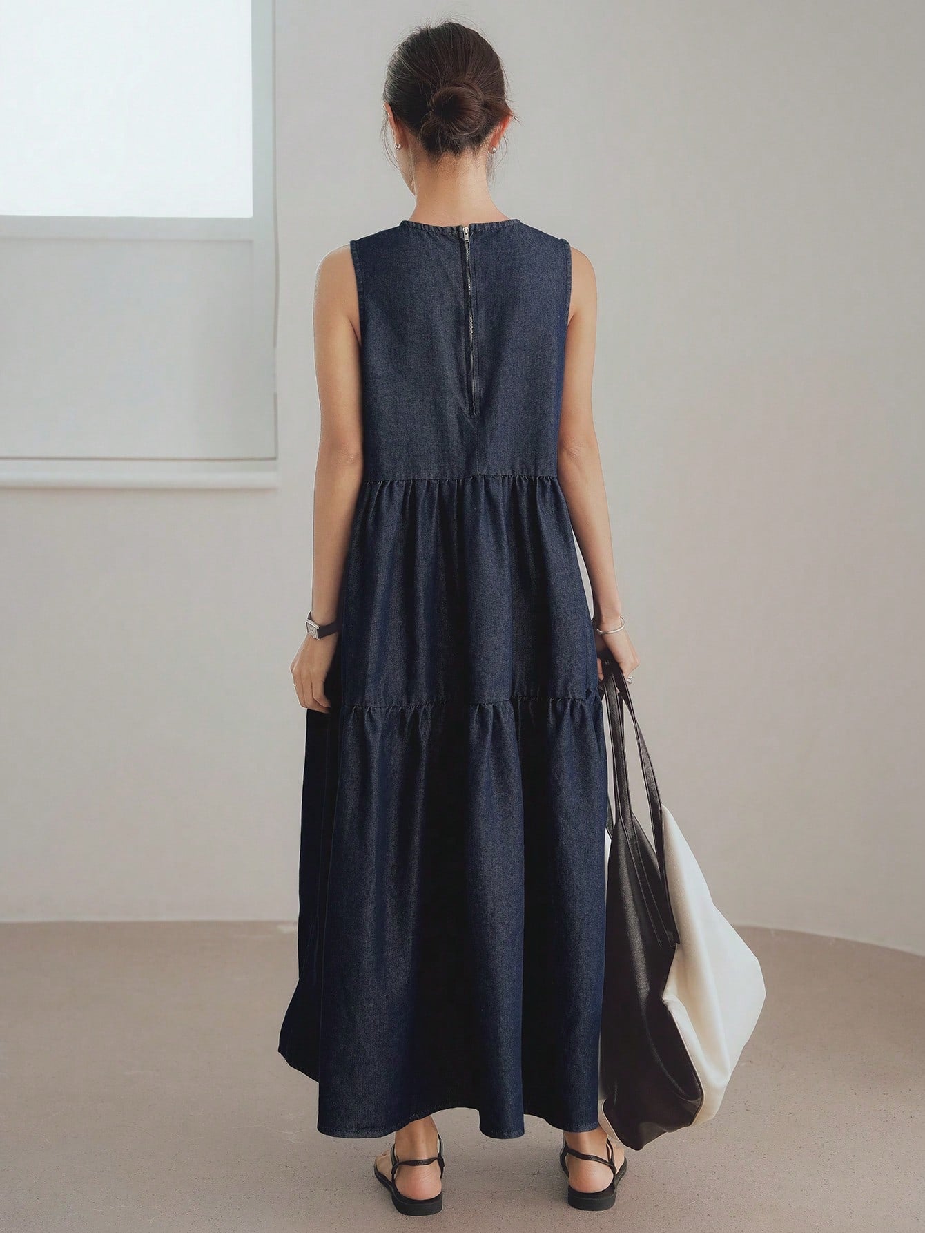 CM-DS393956 Women Casual Seoul Style Washed Round Neck Sleeveless High Waist Denim Dress - Blue