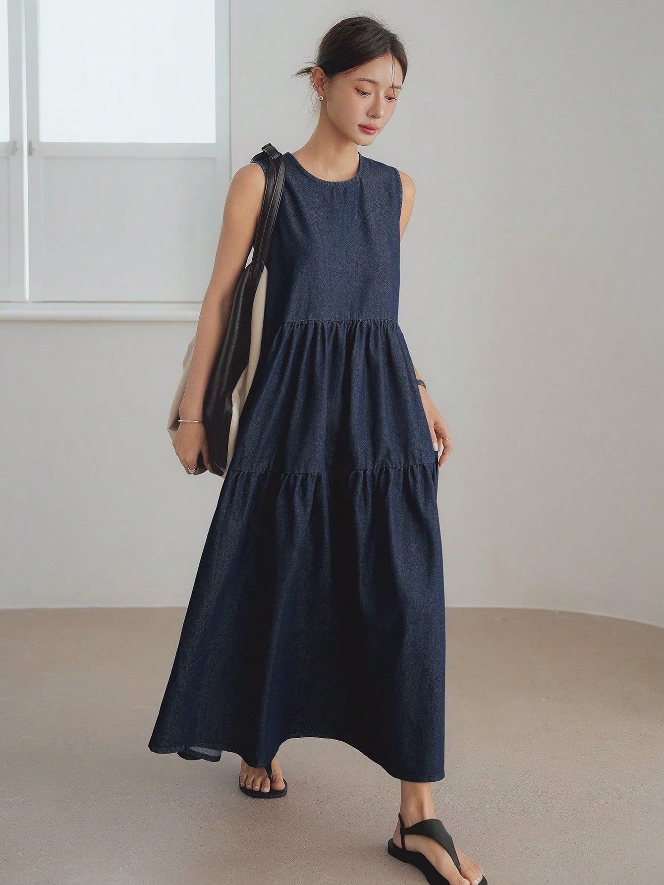 CM-DS393956 Women Casual Seoul Style Washed Round Neck Sleeveless High Waist Denim Dress - Blue