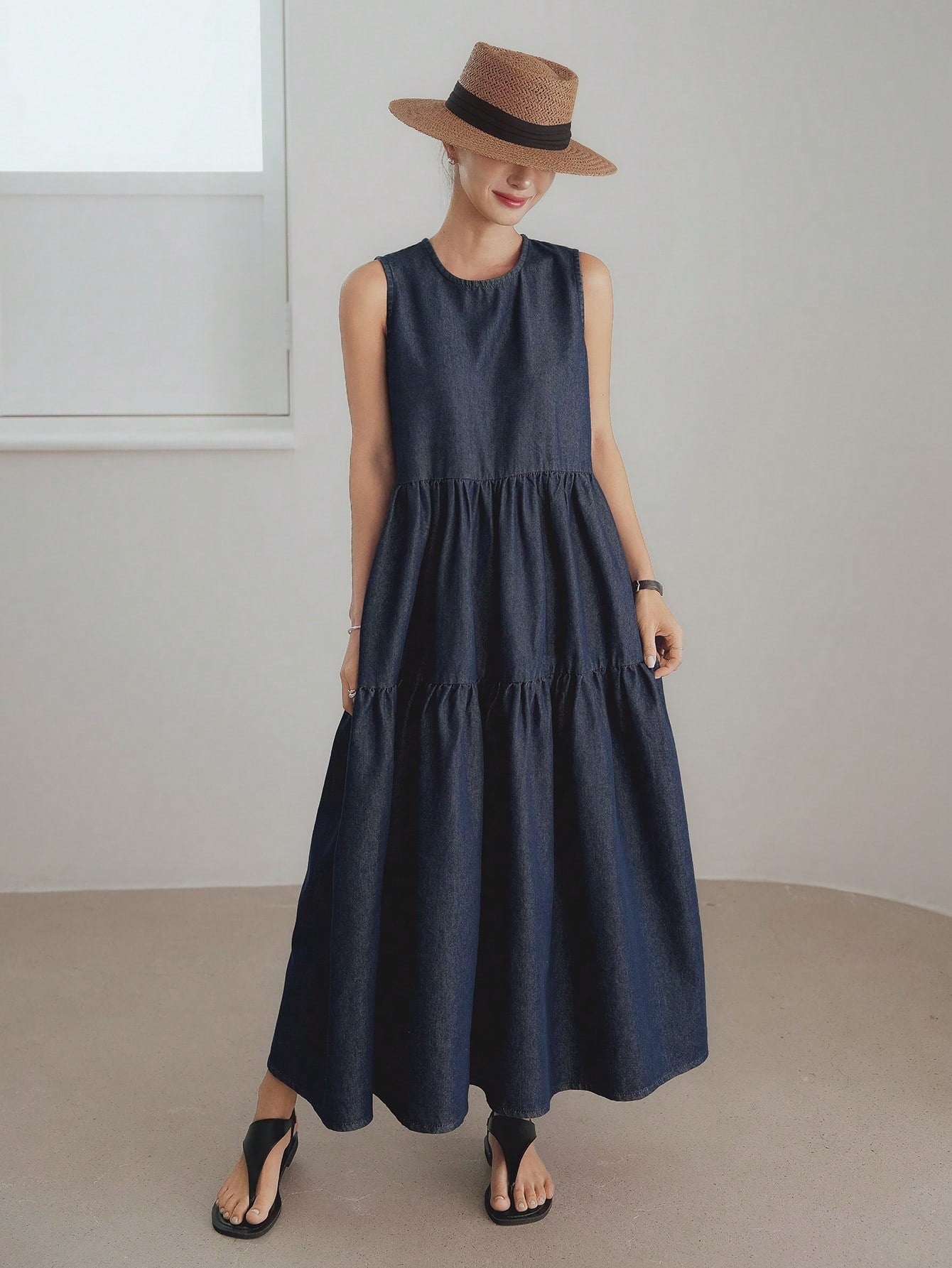 CM-DS393956 Women Casual Seoul Style Washed Round Neck Sleeveless High Waist Denim Dress - Blue