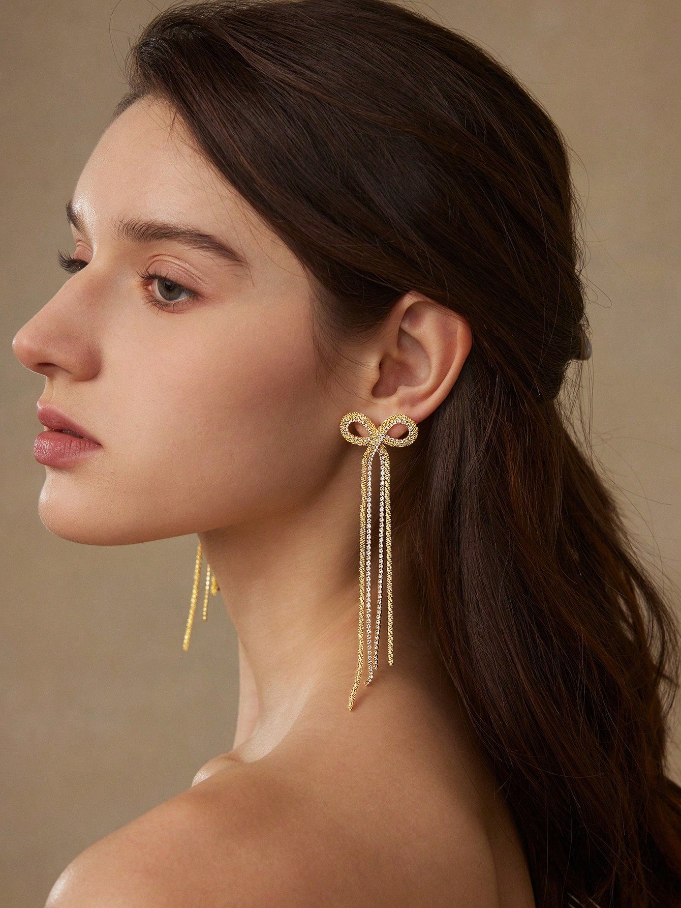 CM-AXS233370 Women Trendy Seoul Style Long Chain Tassel Zirconia Bow Dangle Earrings - Yellow Gold