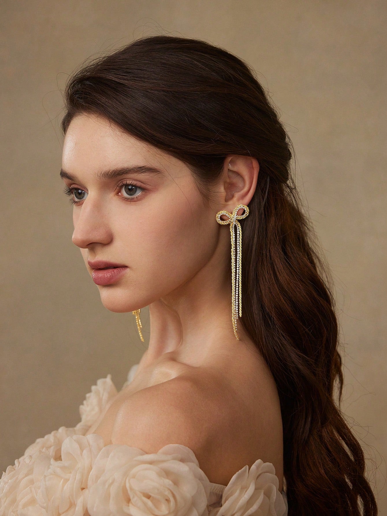 CM-AXS233370 Women Trendy Seoul Style Long Chain Tassel Zirconia Bow Dangle Earrings - Yellow Gold