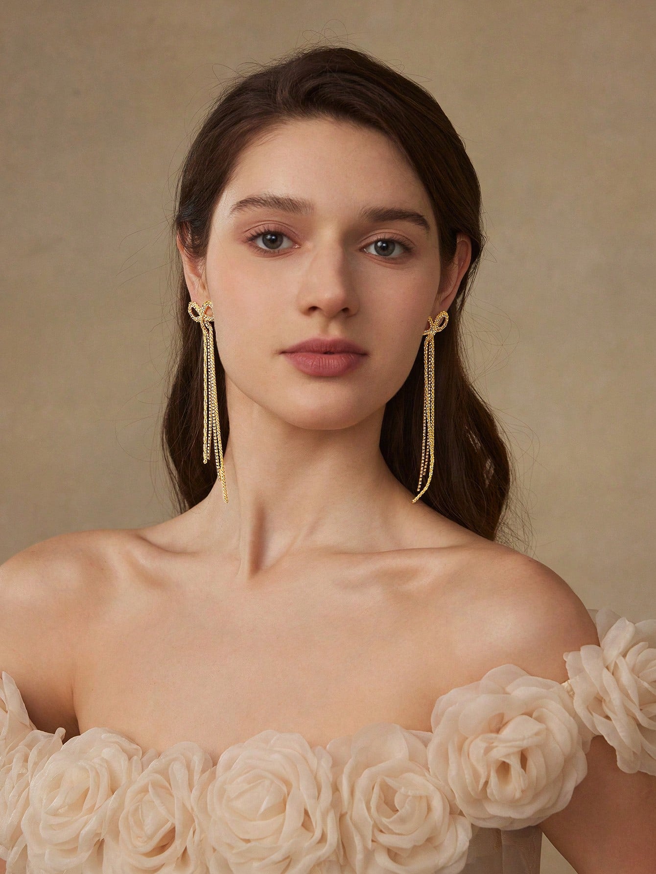 CM-AXS233370 Women Trendy Seoul Style Long Chain Tassel Zirconia Bow Dangle Earrings - Yellow Gold