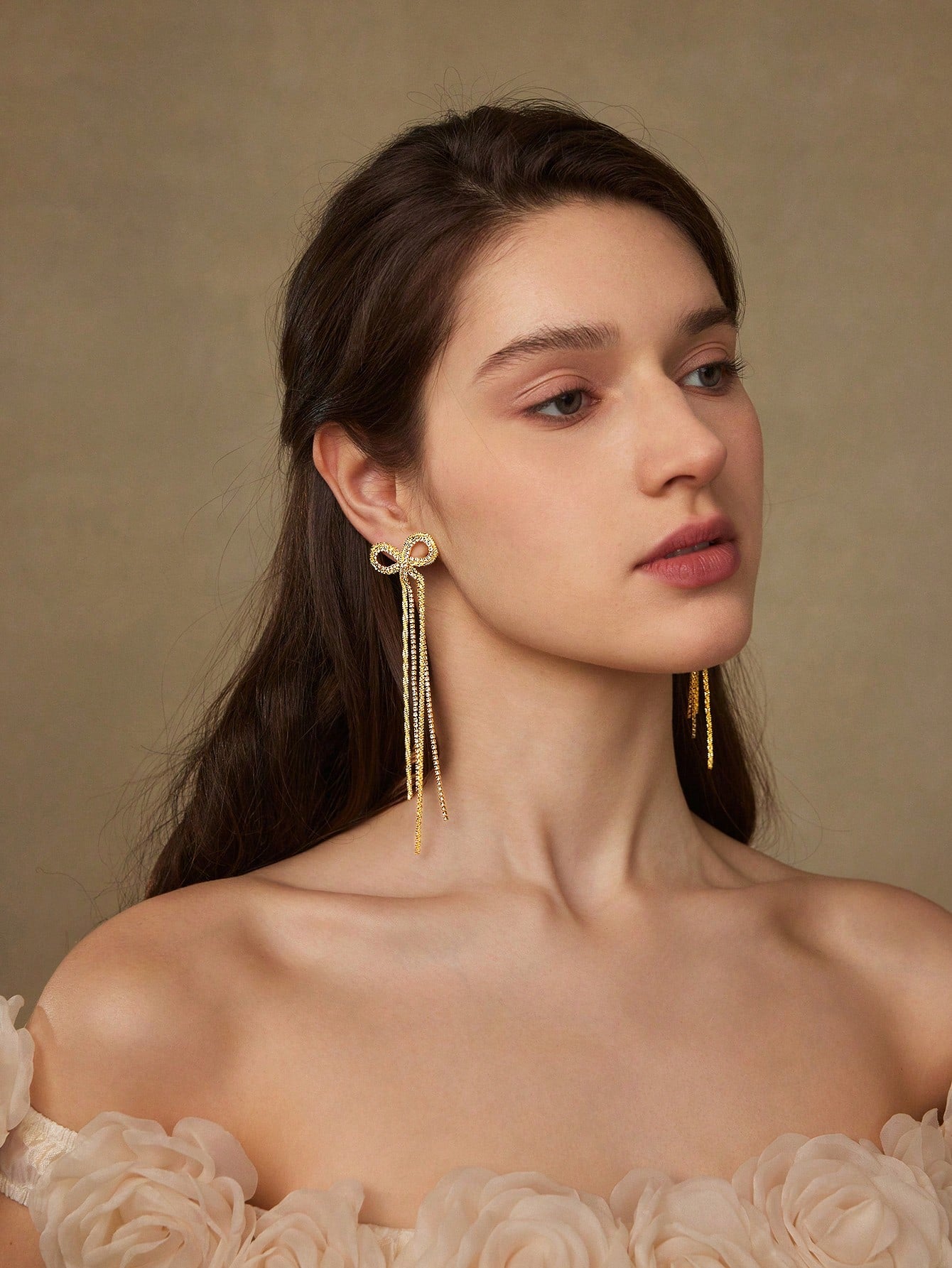 CM-AXS233370 Women Trendy Seoul Style Long Chain Tassel Zirconia Bow Dangle Earrings - Yellow Gold