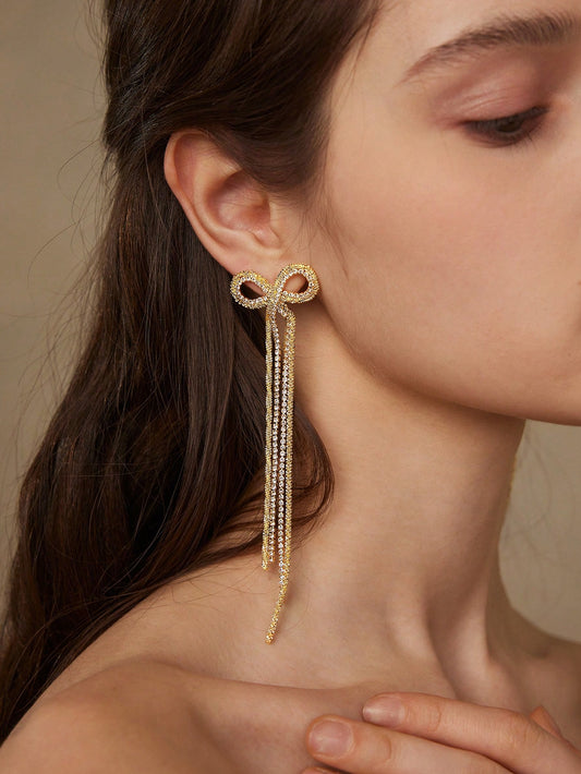 CM-AXS233370 Women Trendy Seoul Style Long Chain Tassel Zirconia Bow Dangle Earrings - Yellow Gold