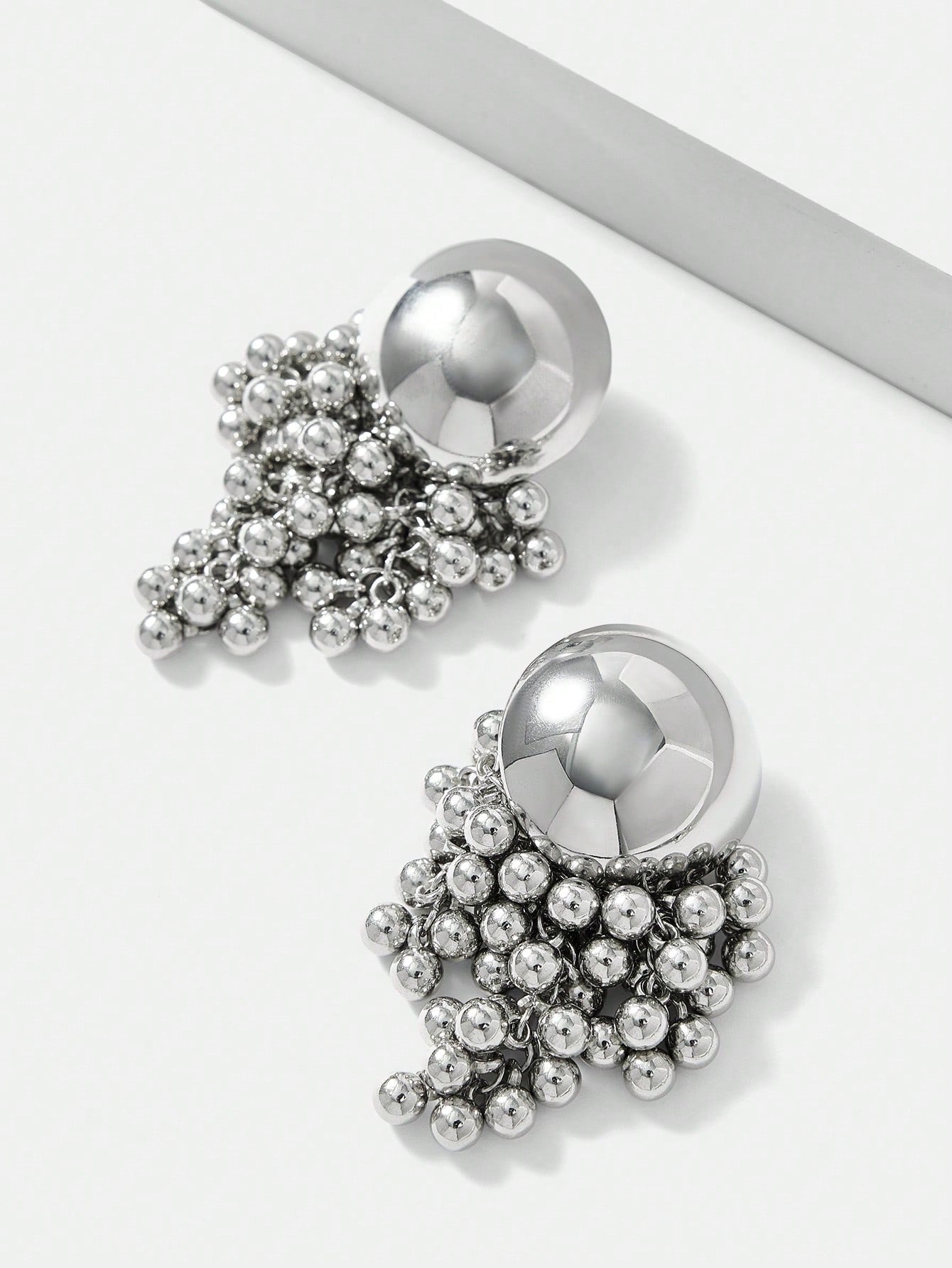 CM-AXS215726 Women Trendy Seoul Style Half Ball Beaded Tassel Dangle Earrings - Silver