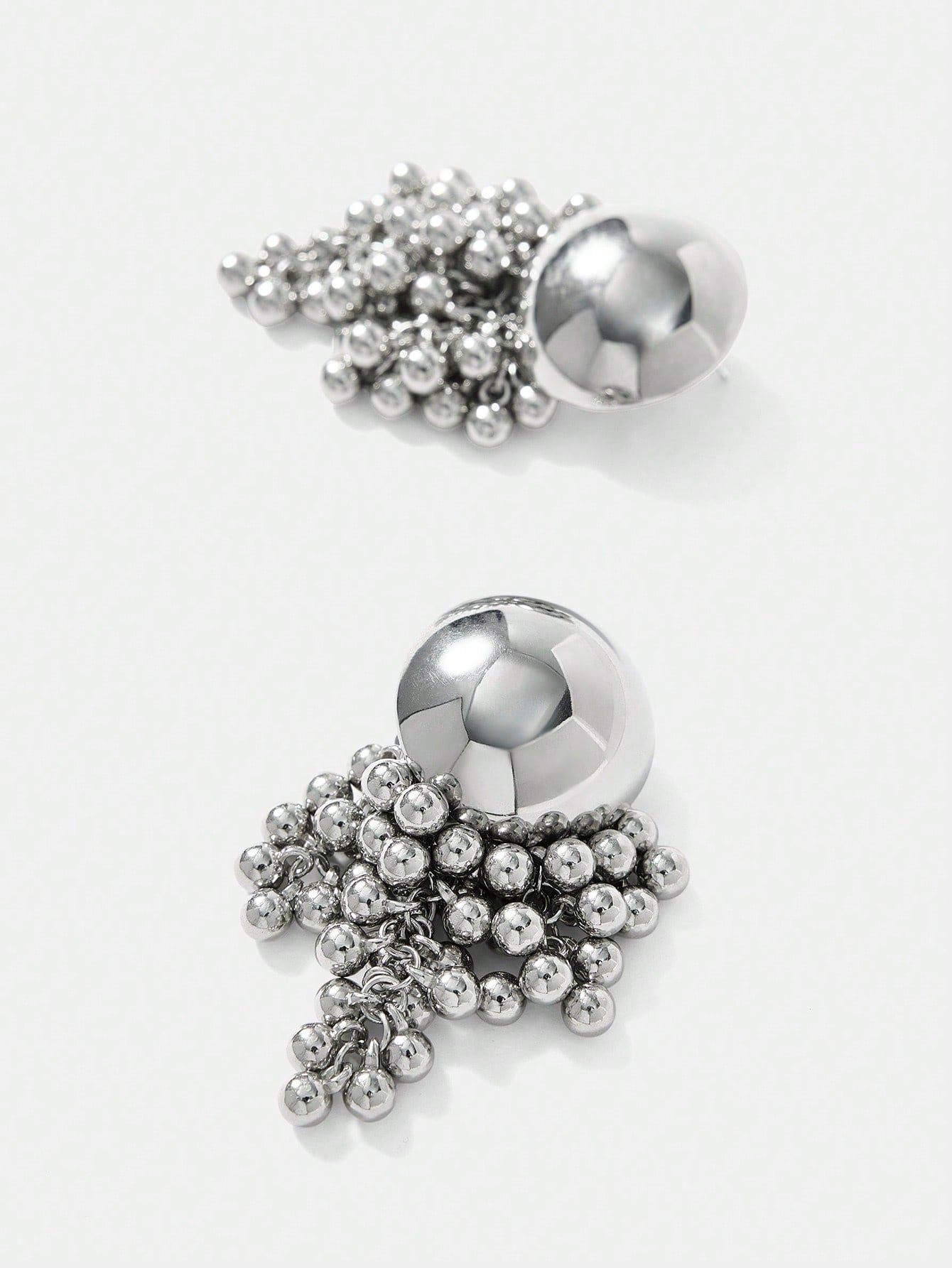 CM-AXS215726 Women Trendy Seoul Style Half Ball Beaded Tassel Dangle Earrings - Silver