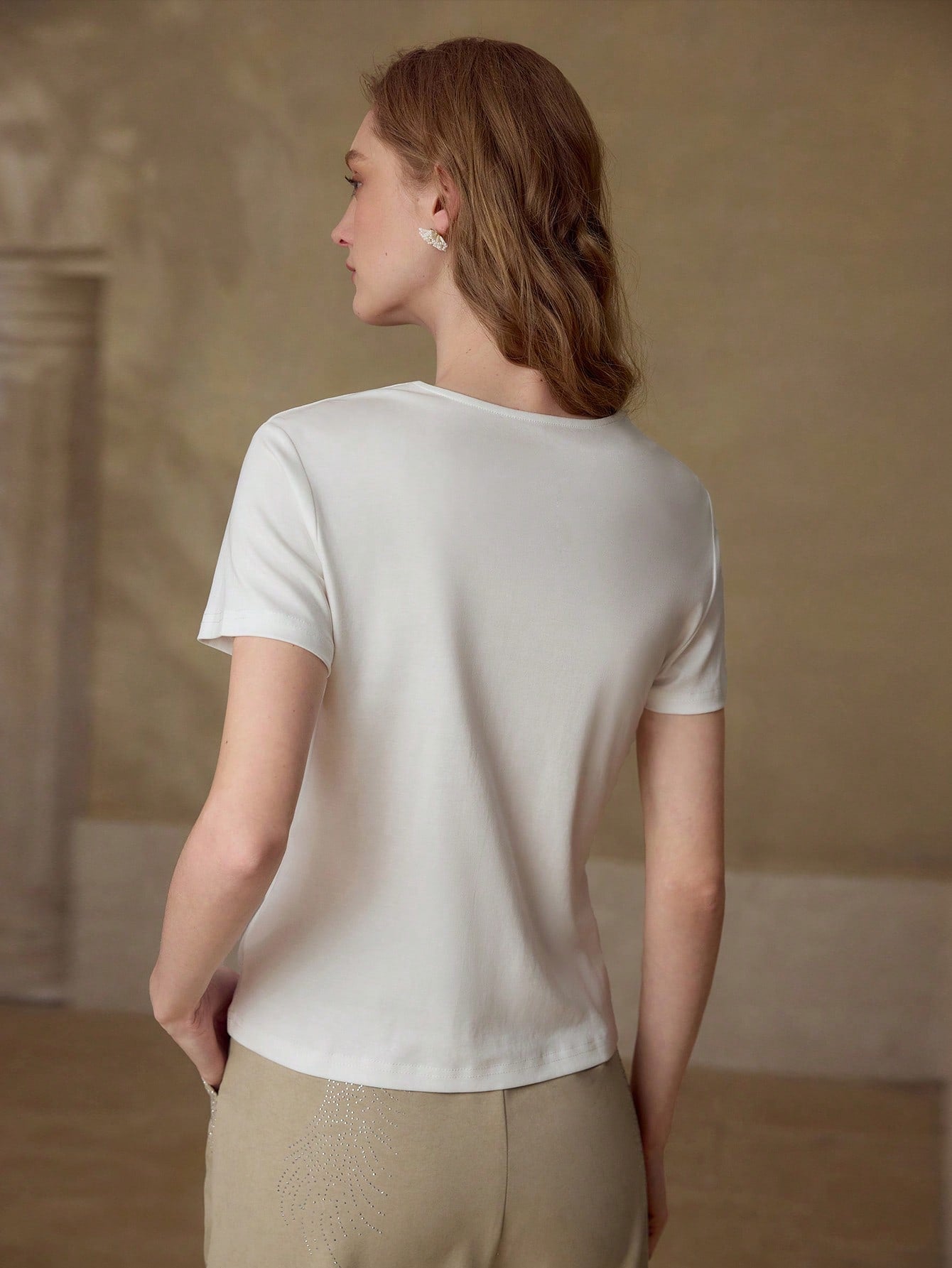 CM-TS744421 Women Casual Seoul Style V-Neck Short Sleeve T-Shirt - White
