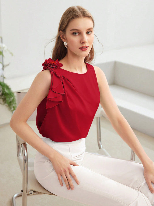 CM-TS954736 Women Elegant Seoul Style Stereo Floral Decor Round Neck Sleeveless Blouse - Red