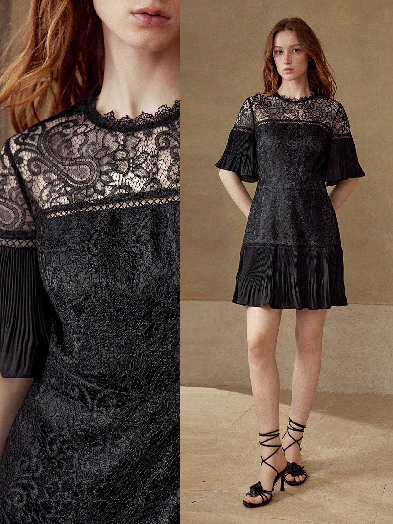 CM-DS443933 Women Elegant Seoul Style Round Neck Flounce Sleeve Contrast Lace Zipper Dress - Black