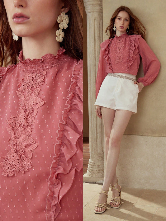 CM-TS911766 Women Elegant Seoul Style Stand Collar Long Sleeve Contrast Lace Ruffle Trim Blouse