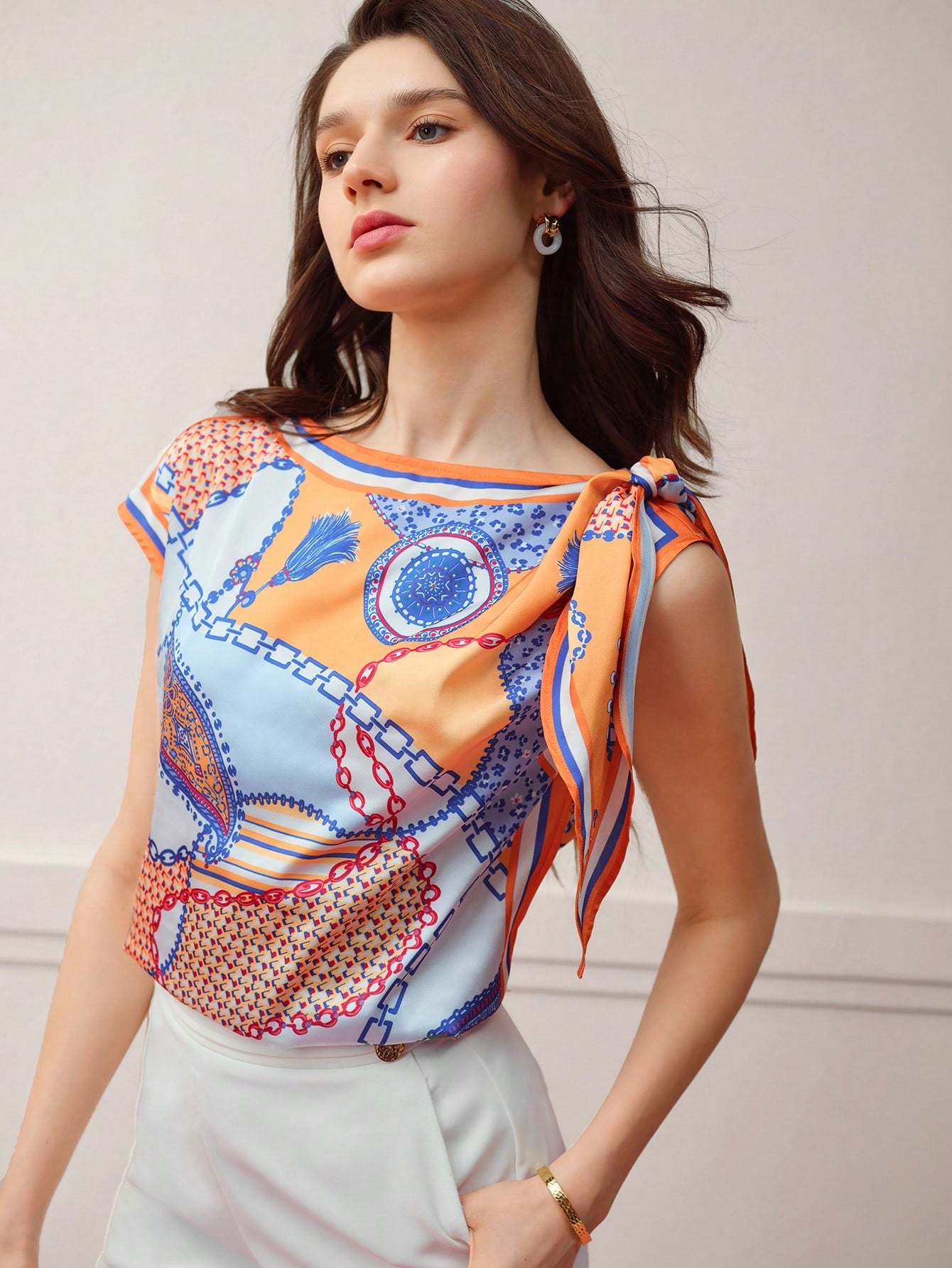 CM-TS676163 Women Trendy Bohemian Style Round Neck Batwing Sleeve Chain Print Bow Detail Blouse - Orange