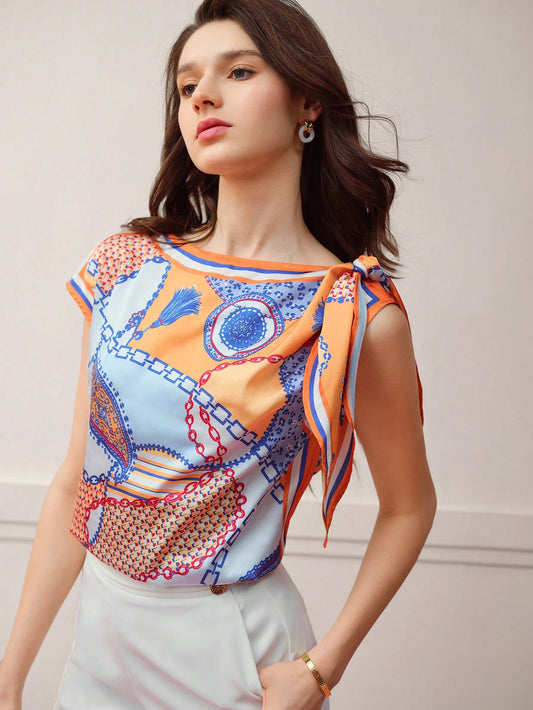 CM-TS676163 Women Trendy Bohemian Style Round Neck Batwing Sleeve Chain Print Bow Detail Blouse - Orange