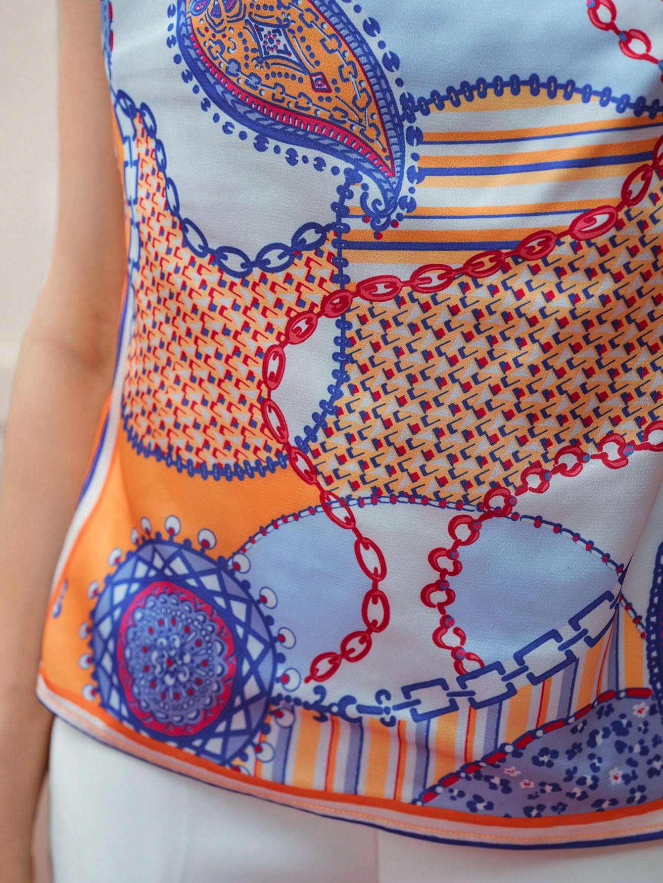 CM-TS676163 Women Trendy Bohemian Style Round Neck Batwing Sleeve Chain Print Bow Detail Blouse - Orange