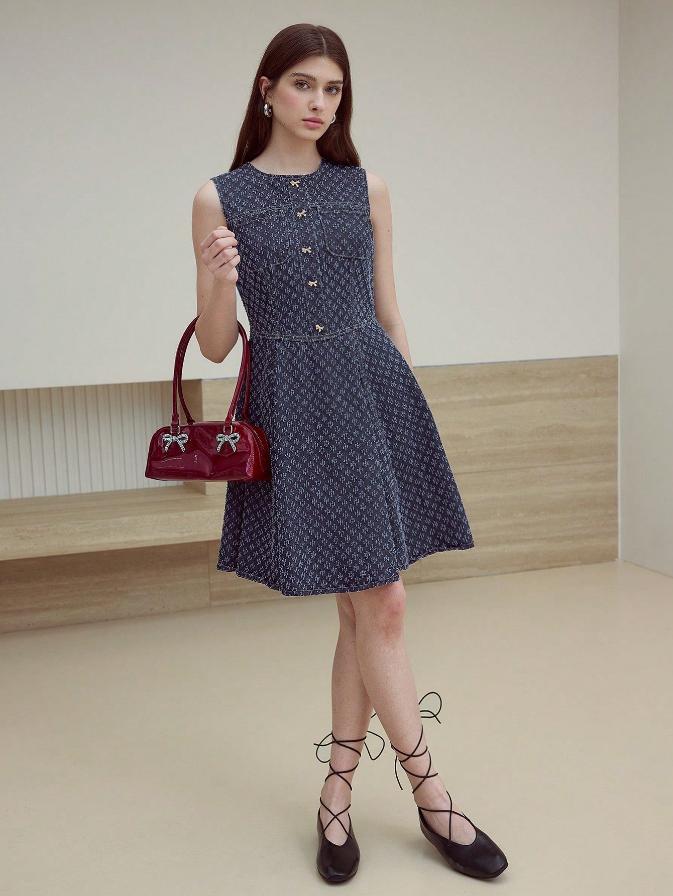 CM-DS600410 Women Casual Seoul Style Round Neck Sleeveless Textured Bow Decor Mini Denim Dress