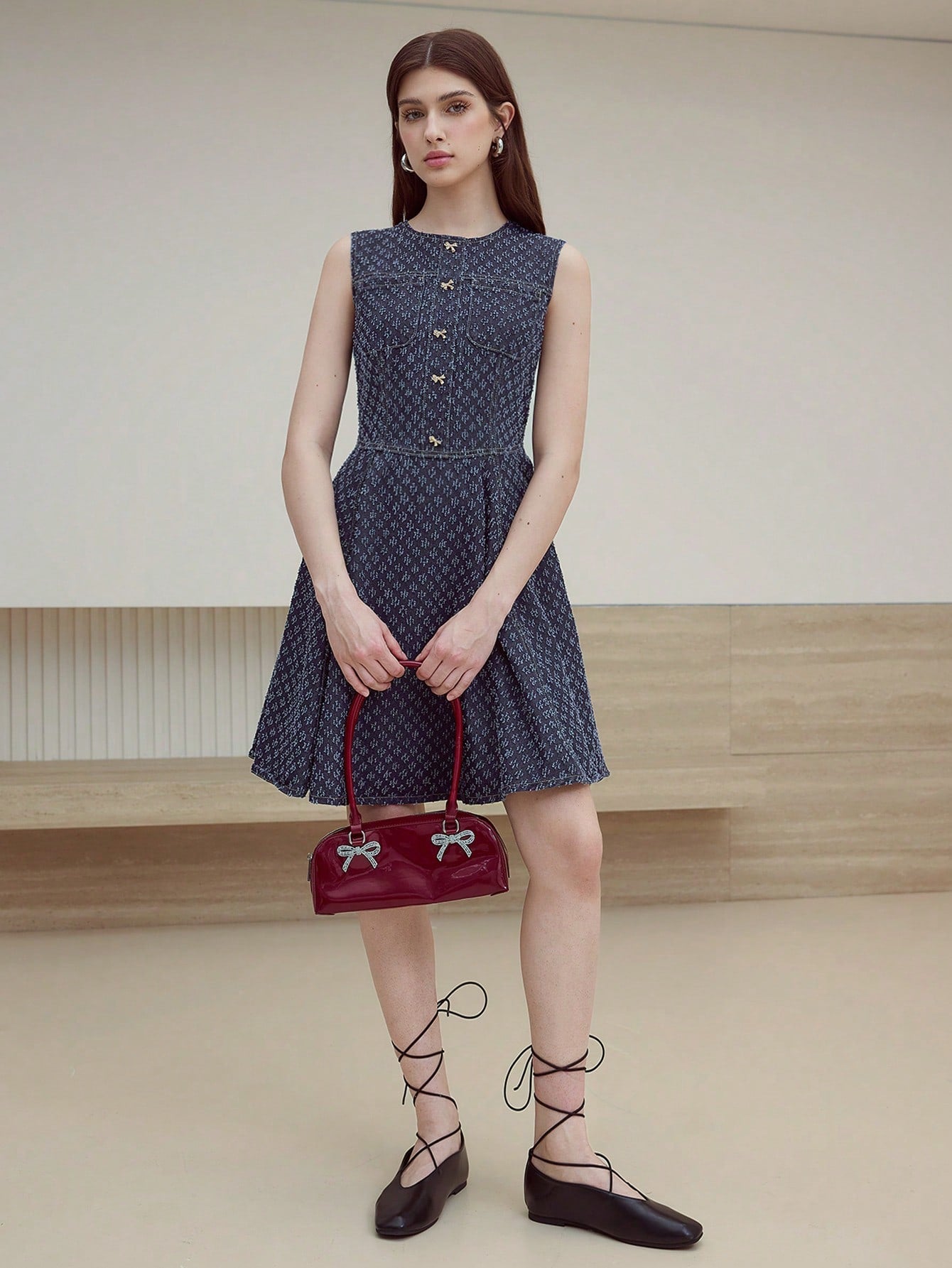 CM-DS600410 Women Casual Seoul Style Round Neck Sleeveless Textured Bow Decor Mini Denim Dress