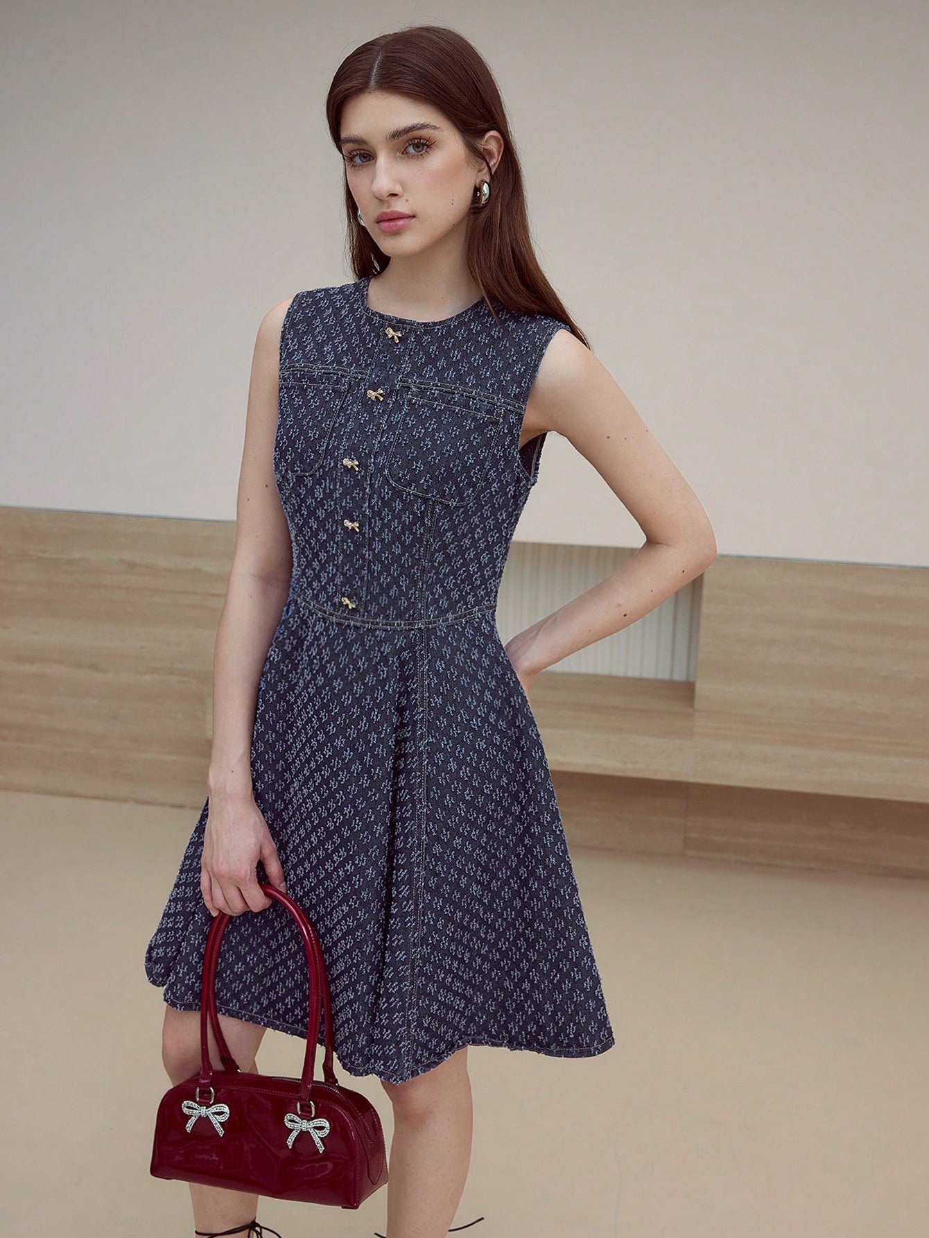 CM-DS600410 Women Casual Seoul Style Round Neck Sleeveless Textured Bow Decor Mini Denim Dress