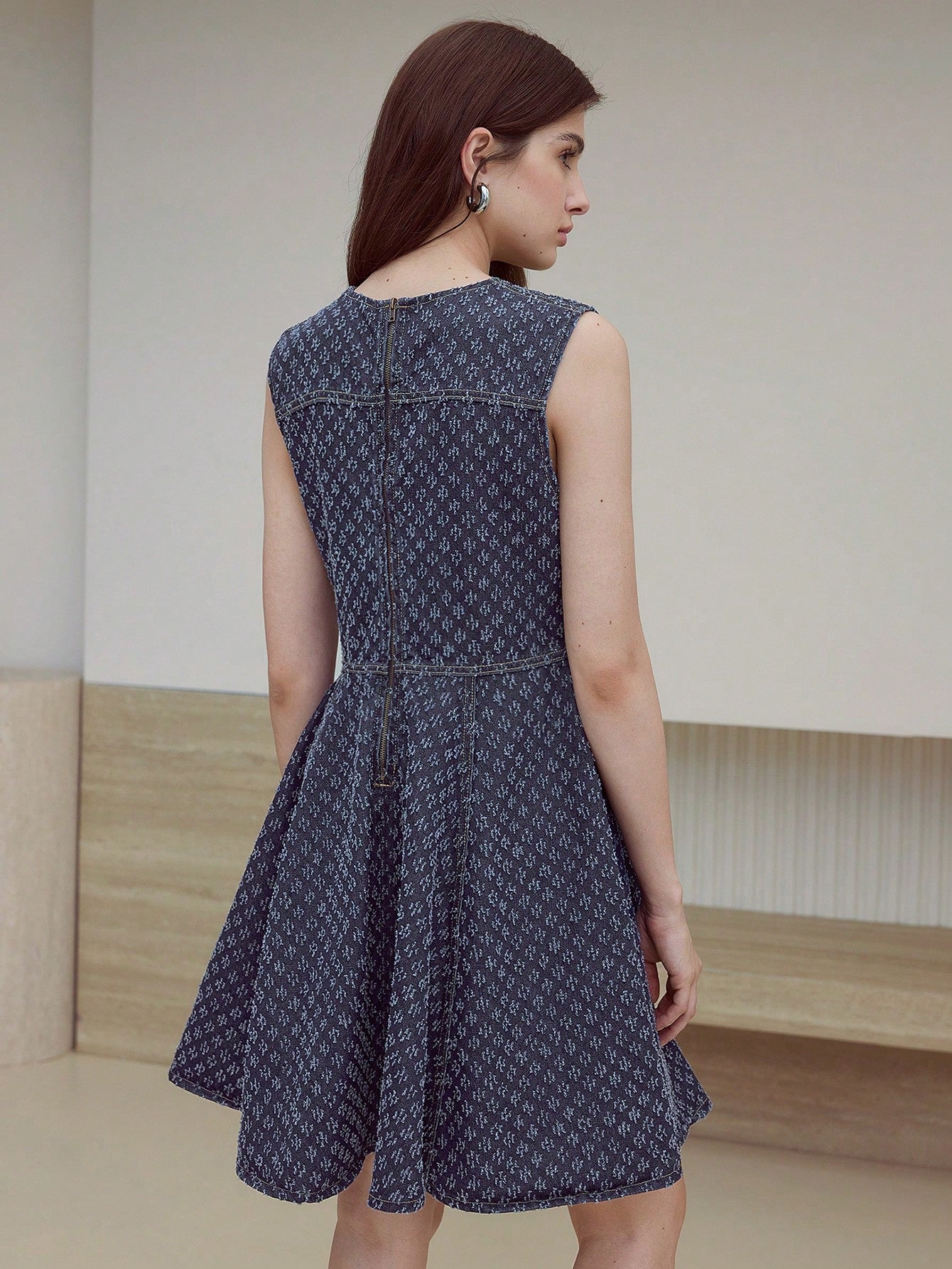 CM-DS600410 Women Casual Seoul Style Round Neck Sleeveless Textured Bow Decor Mini Denim Dress