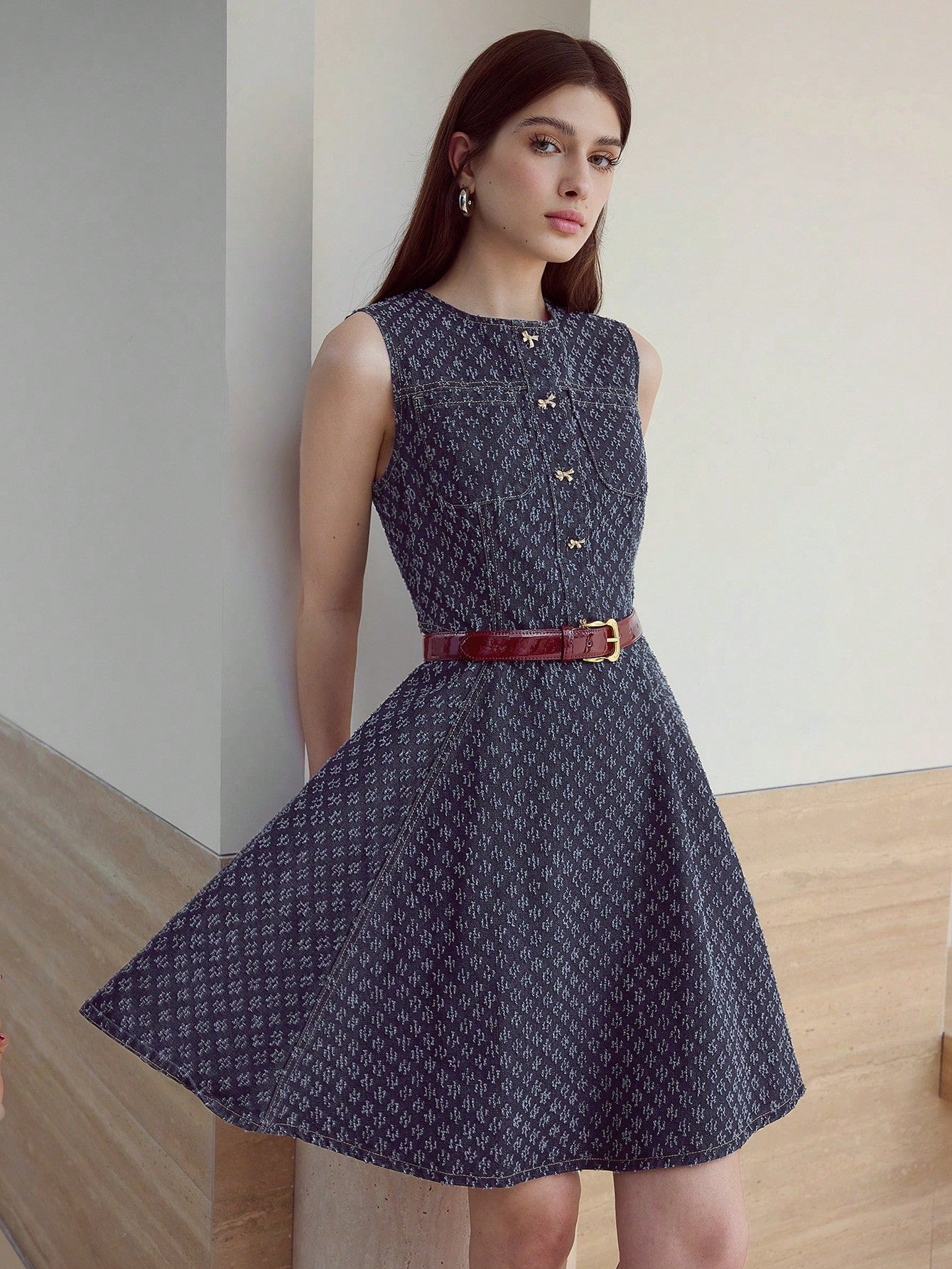 CM-DS600410 Women Casual Seoul Style Round Neck Sleeveless Textured Bow Decor Mini Denim Dress