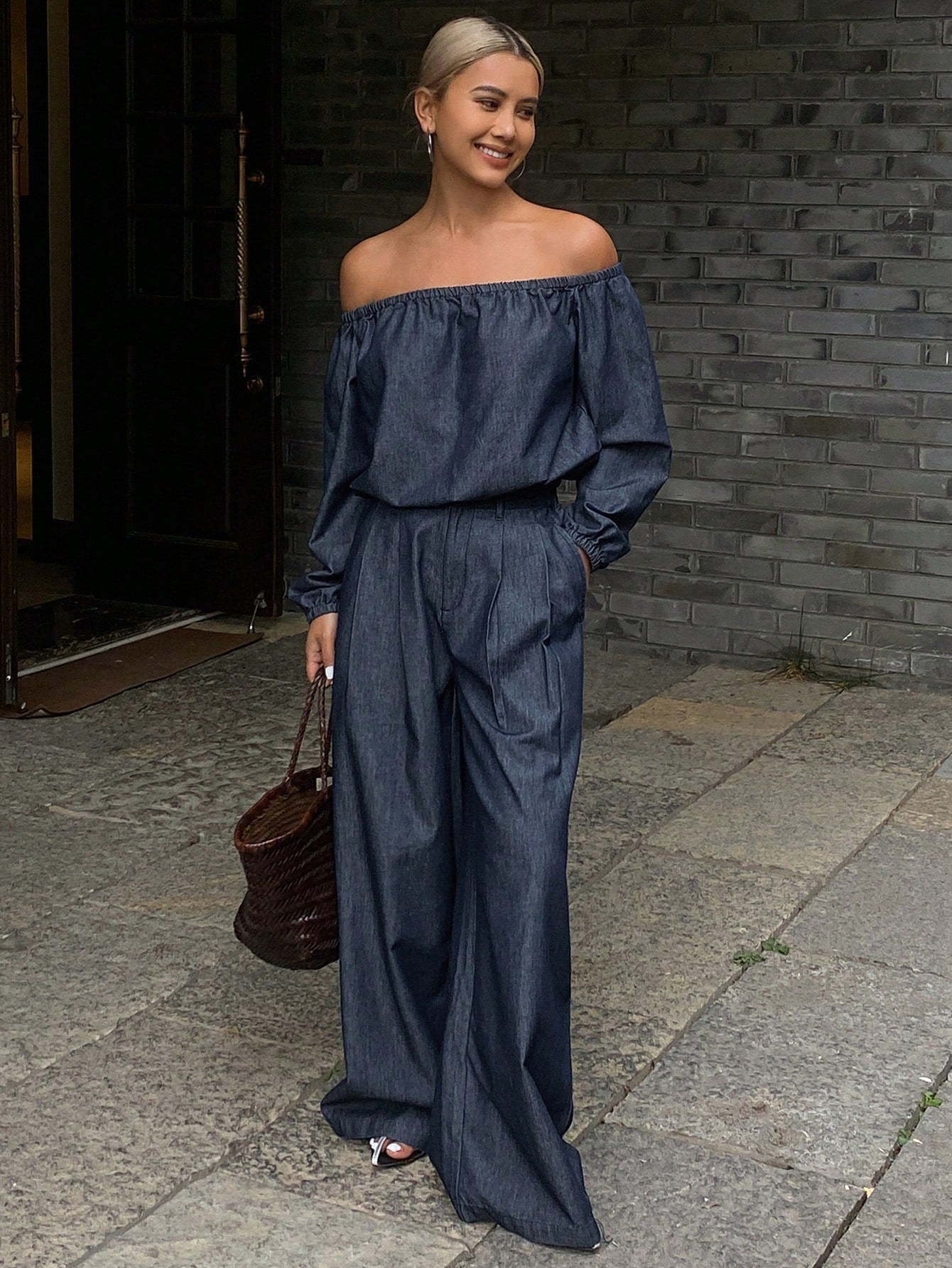 CM-SS927888 Women Casual Seoul Style Off Shoulder Short Cropped Blouse With Long Pants Denim - Set