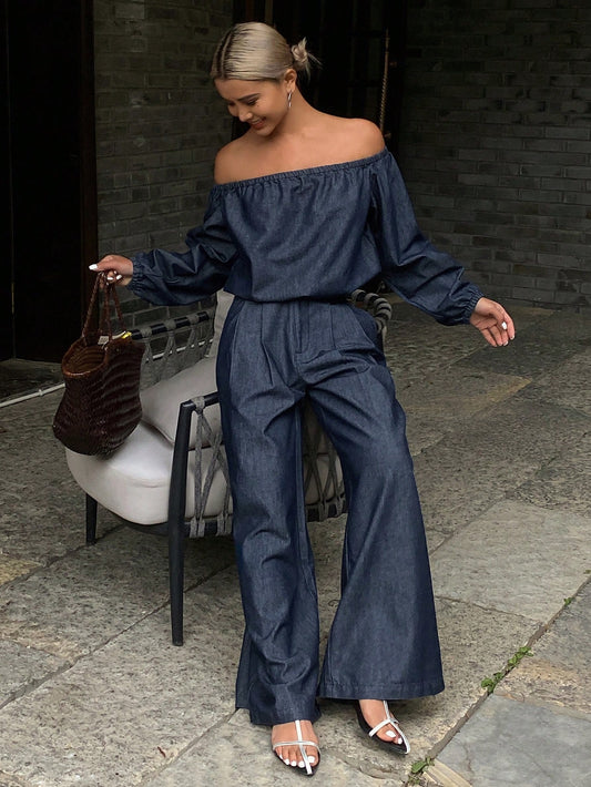 CM-SS927888 Women Casual Seoul Style Off Shoulder Short Cropped Blouse With Long Pants Denim - Set