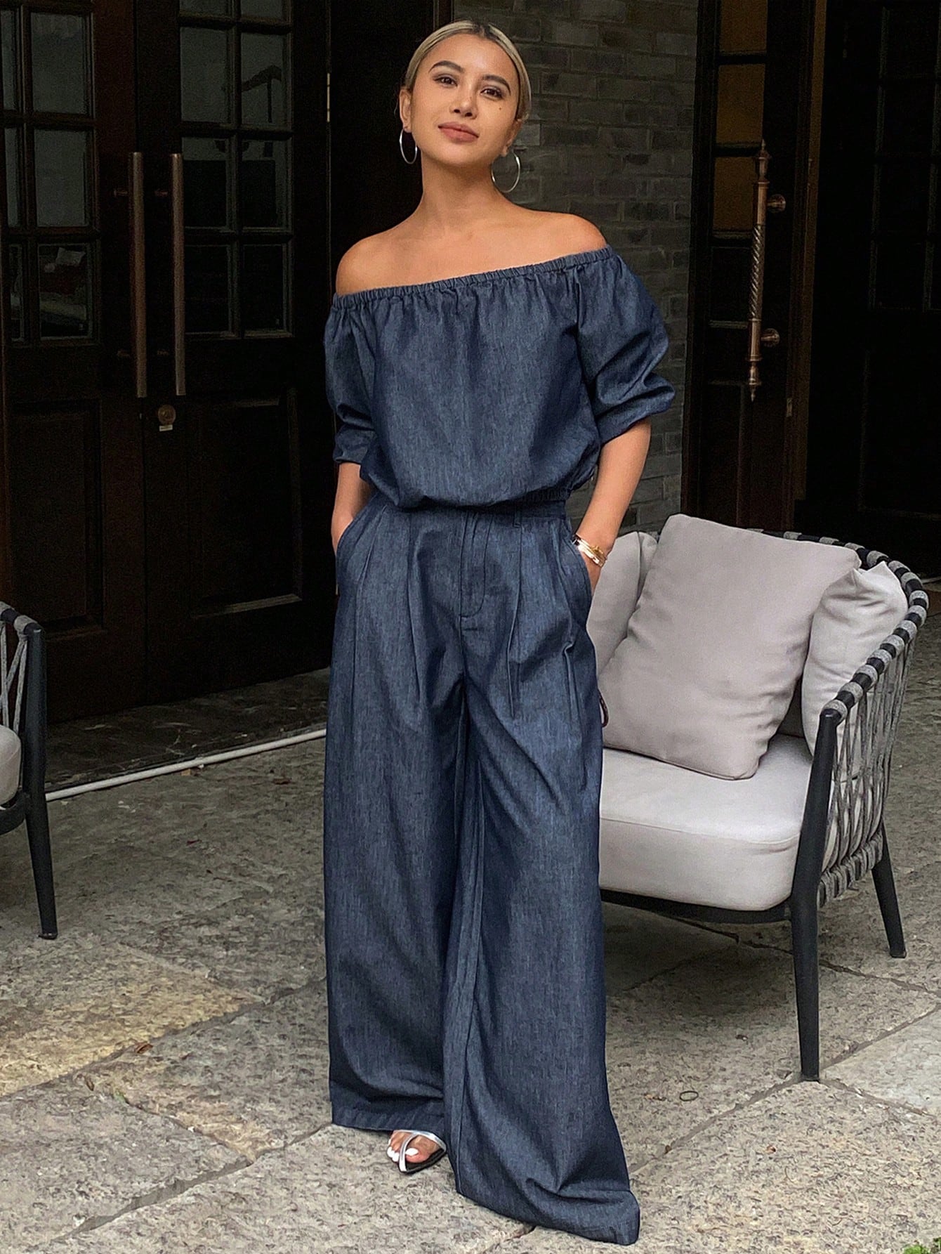 CM-SS927888 Women Casual Seoul Style Off Shoulder Short Cropped Blouse With Long Pants Denim - Set