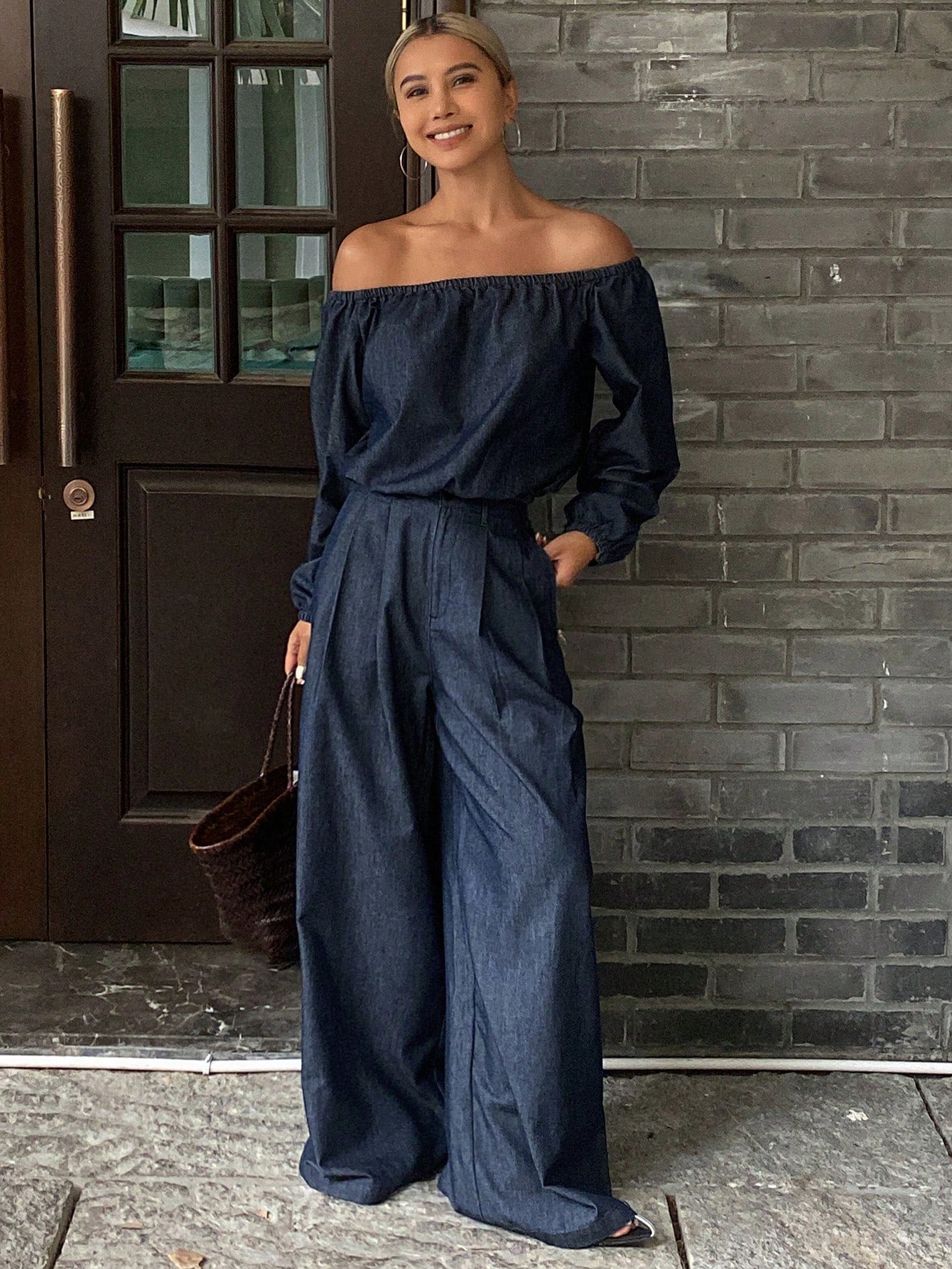 CM-SS927888 Women Casual Seoul Style Off Shoulder Short Cropped Blouse With Long Pants Denim - Set