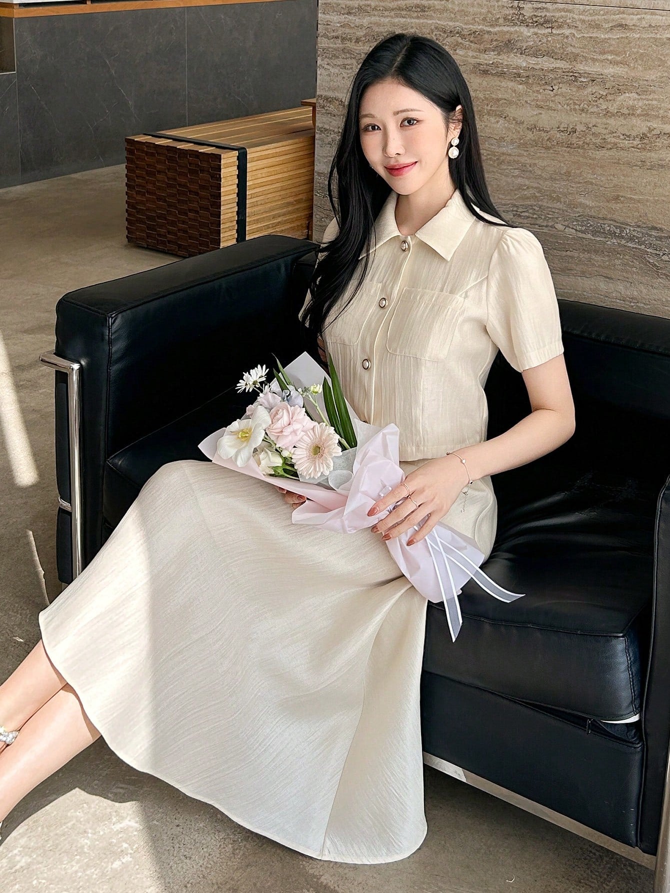 CM-SS662999 Women Elegant Seoul Style Solid Color Collar Neckline Puff Sleeve Blouse With Midi Skirt - Set