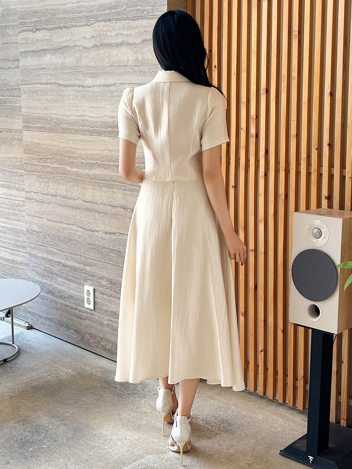 CM-SS662999 Women Elegant Seoul Style Solid Color Collar Neckline Puff Sleeve Blouse With Midi Skirt - Set