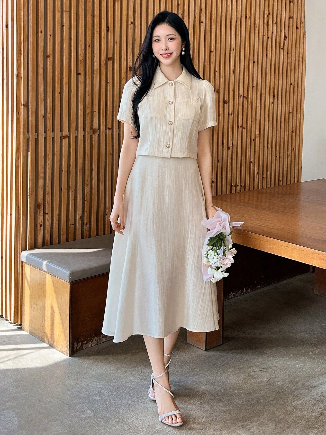 CM-SS662999 Women Elegant Seoul Style Solid Color Collar Neckline Puff Sleeve Blouse With Midi Skirt - Set