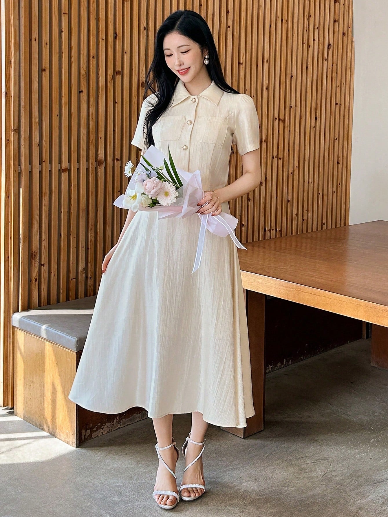 CM-SS662999 Women Elegant Seoul Style Solid Color Collar Neckline Puff Sleeve Blouse With Midi Skirt - Set