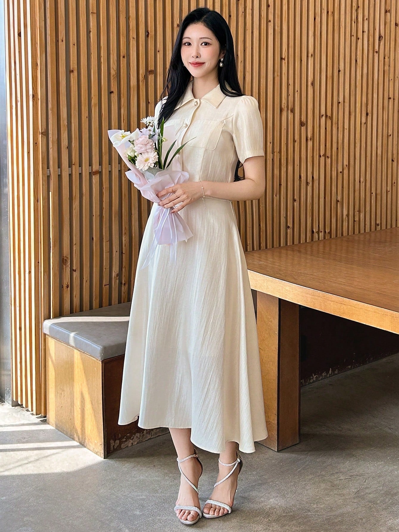 CM-SS662999 Women Elegant Seoul Style Solid Color Collar Neckline Puff Sleeve Blouse With Midi Skirt - Set