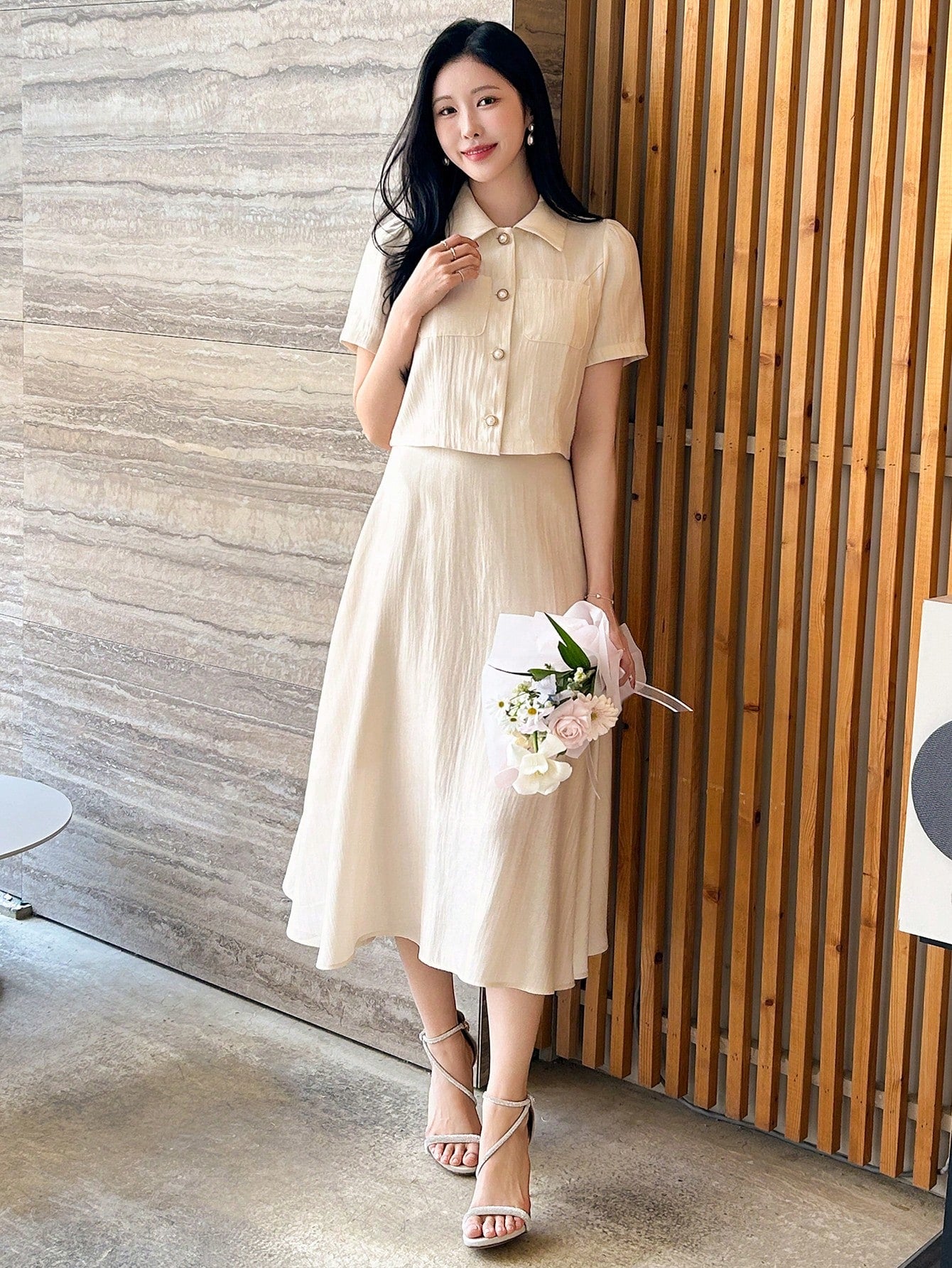 CM-SS662999 Women Elegant Seoul Style Solid Color Collar Neckline Puff Sleeve Blouse With Midi Skirt - Set