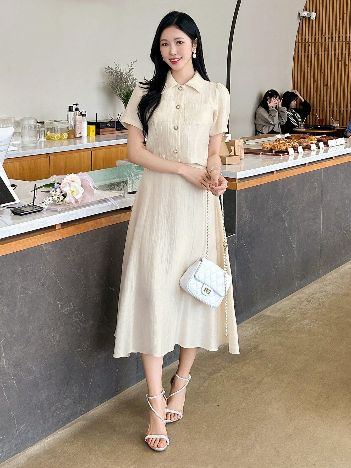CM-SS662999 Women Elegant Seoul Style Solid Color Collar Neckline Puff Sleeve Blouse With Midi Skirt - Set