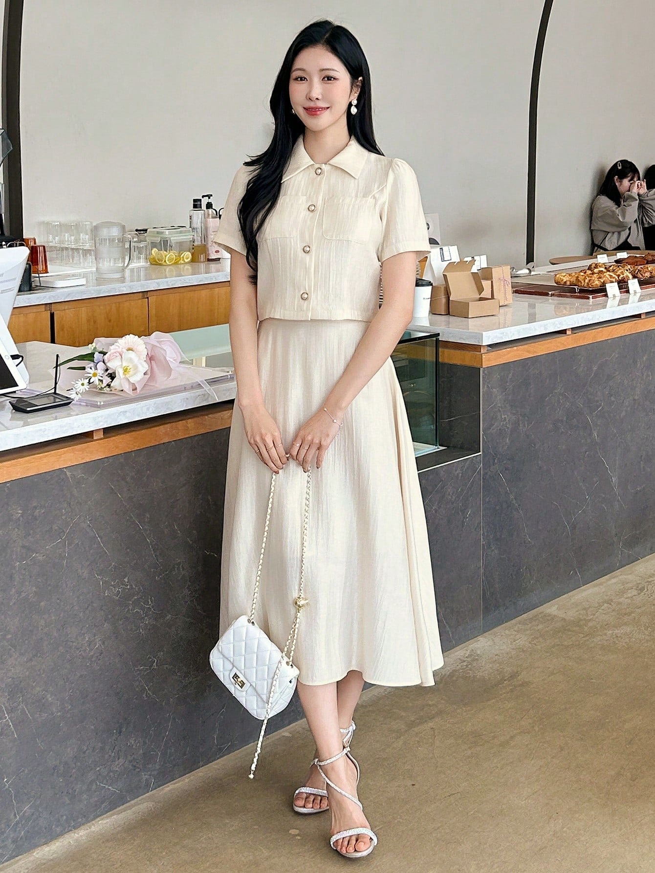 CM-SS662999 Women Elegant Seoul Style Solid Color Collar Neckline Puff Sleeve Blouse With Midi Skirt - Set