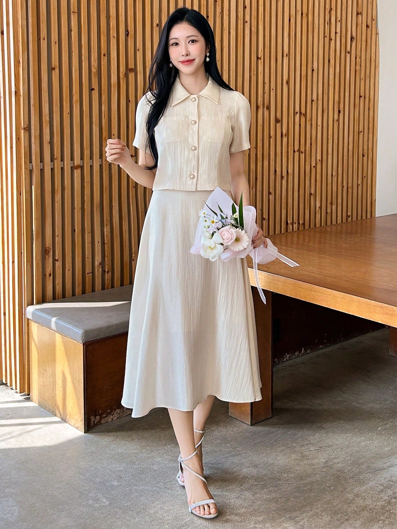 CM-SS662999 Women Elegant Seoul Style Solid Color Collar Neckline Puff Sleeve Blouse With Midi Skirt - Set
