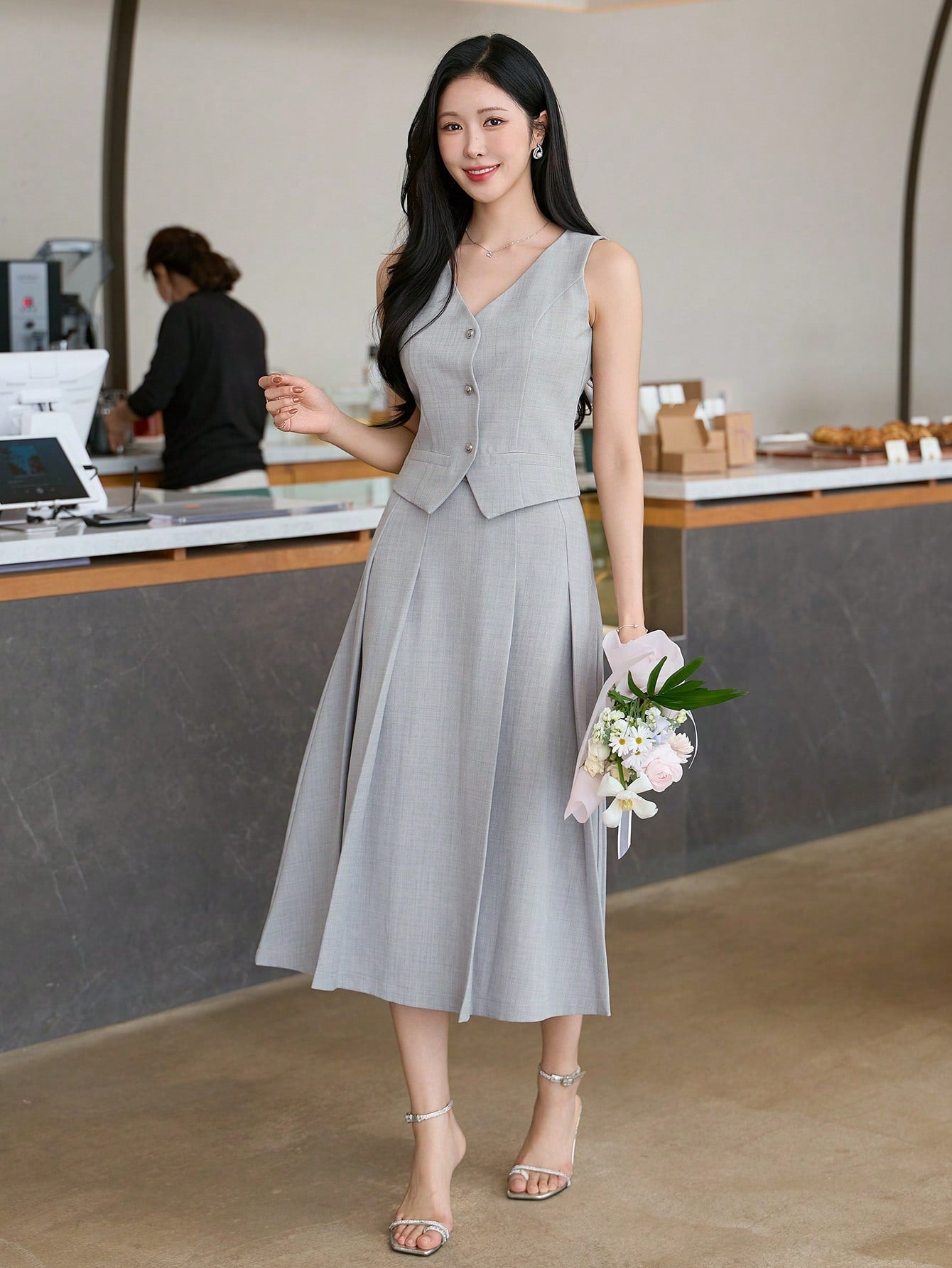 CM-SS508206 Women Elegant Seoul Style Solid Color V-Neck Sleeveless Top With Midi Skirt - Set