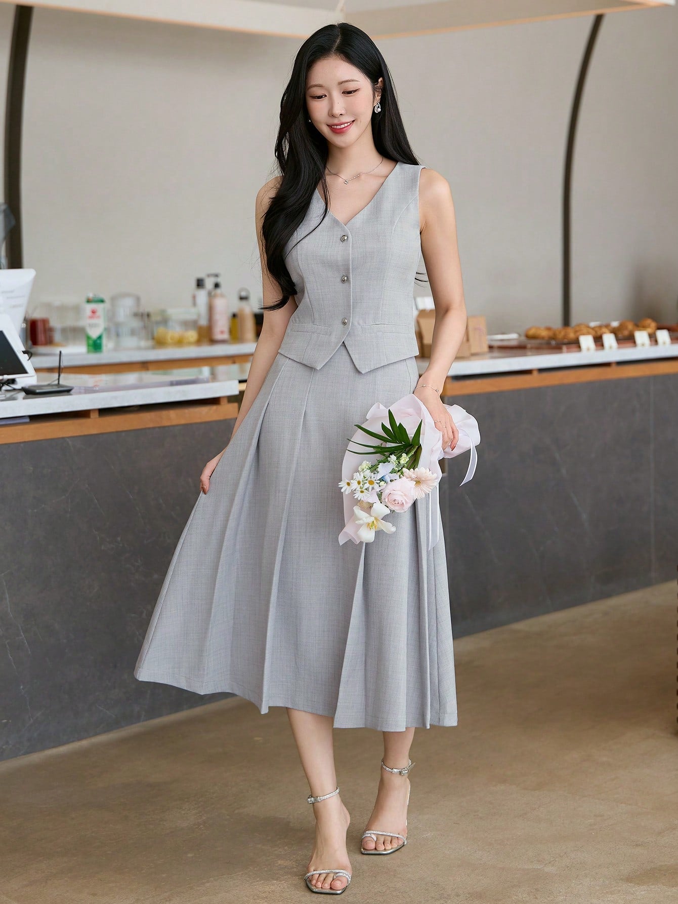 CM-SS508206 Women Elegant Seoul Style Solid Color V-Neck Sleeveless Top With Midi Skirt - Set