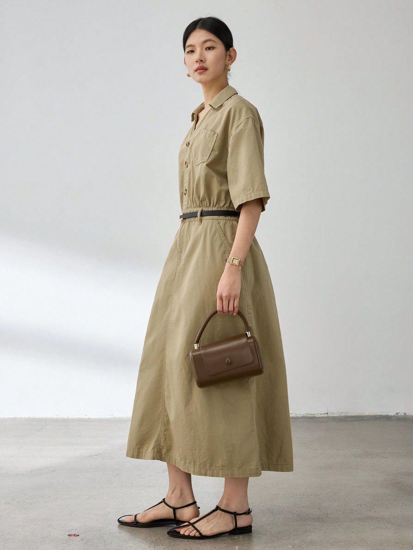 CM-DS161439 Women Casual Seoul Style Solid Color V-Neck Short Sleeve High Waist Denim Dress - Khaki
