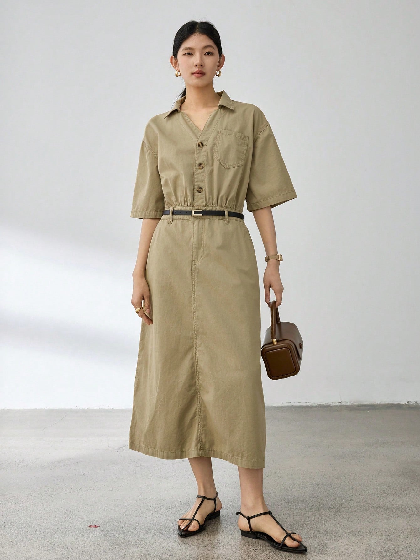 CM-DS161439 Women Casual Seoul Style Solid Color V-Neck Short Sleeve High Waist Denim Dress - Khaki
