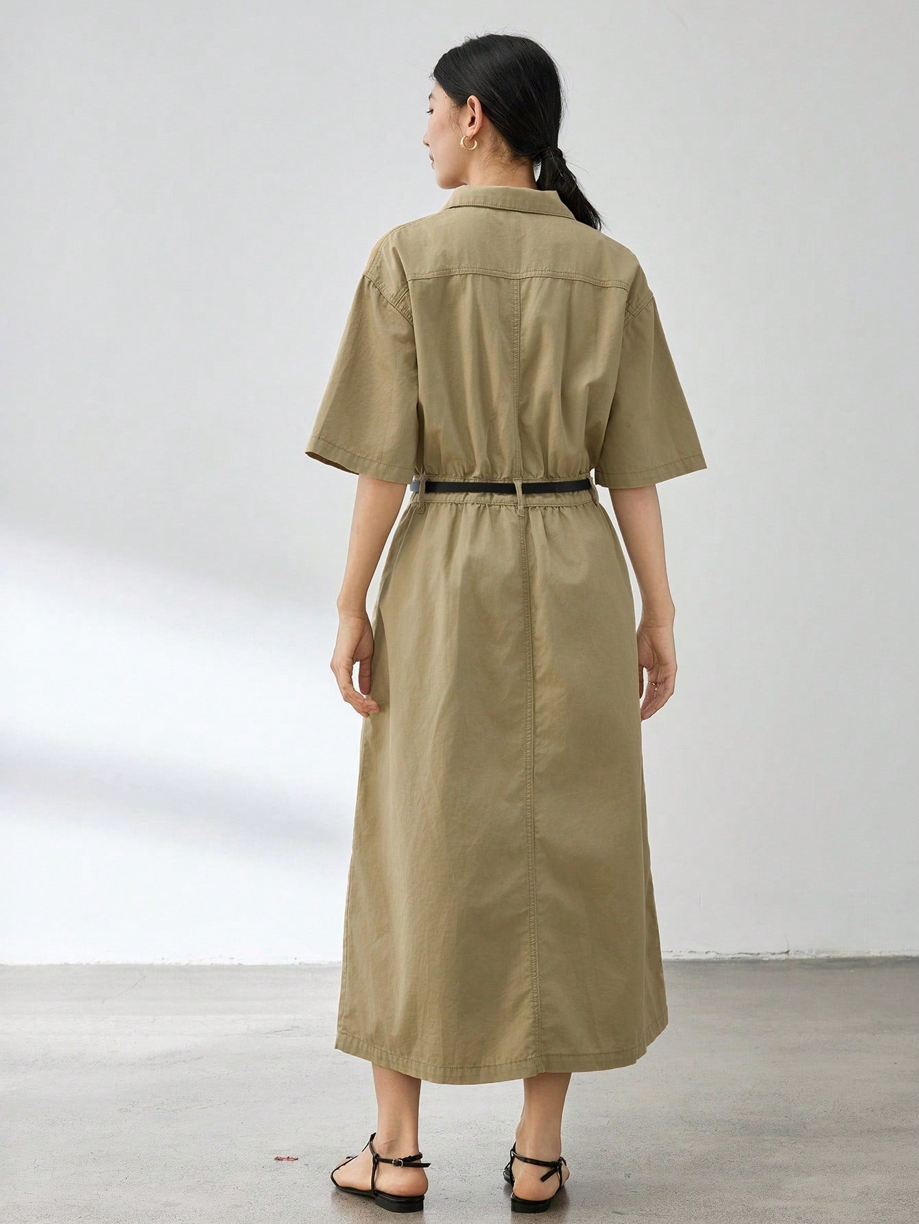 CM-DS161439 Women Casual Seoul Style Solid Color V-Neck Short Sleeve High Waist Denim Dress - Khaki