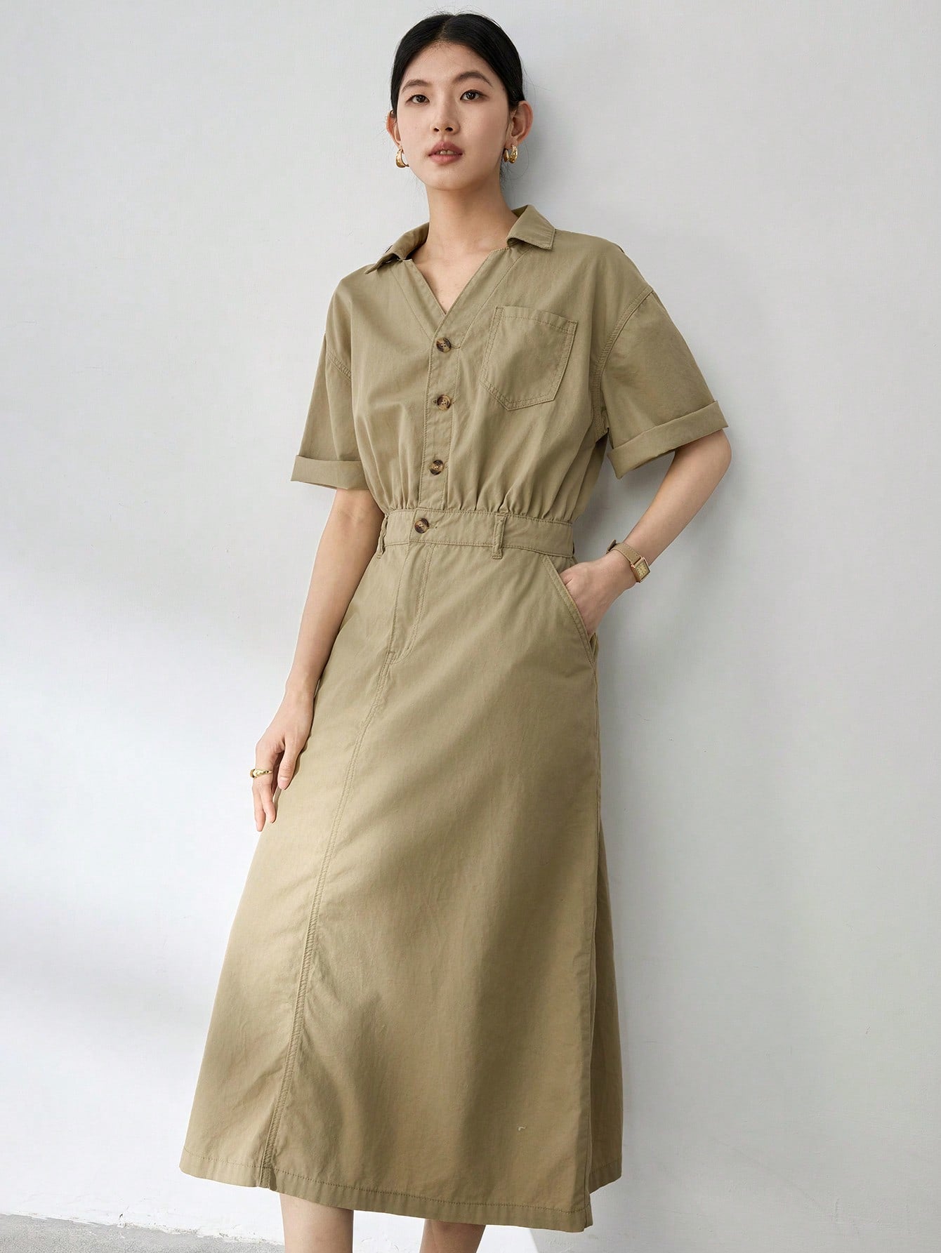 CM-DS161439 Women Casual Seoul Style Solid Color V-Neck Short Sleeve High Waist Denim Dress - Khaki