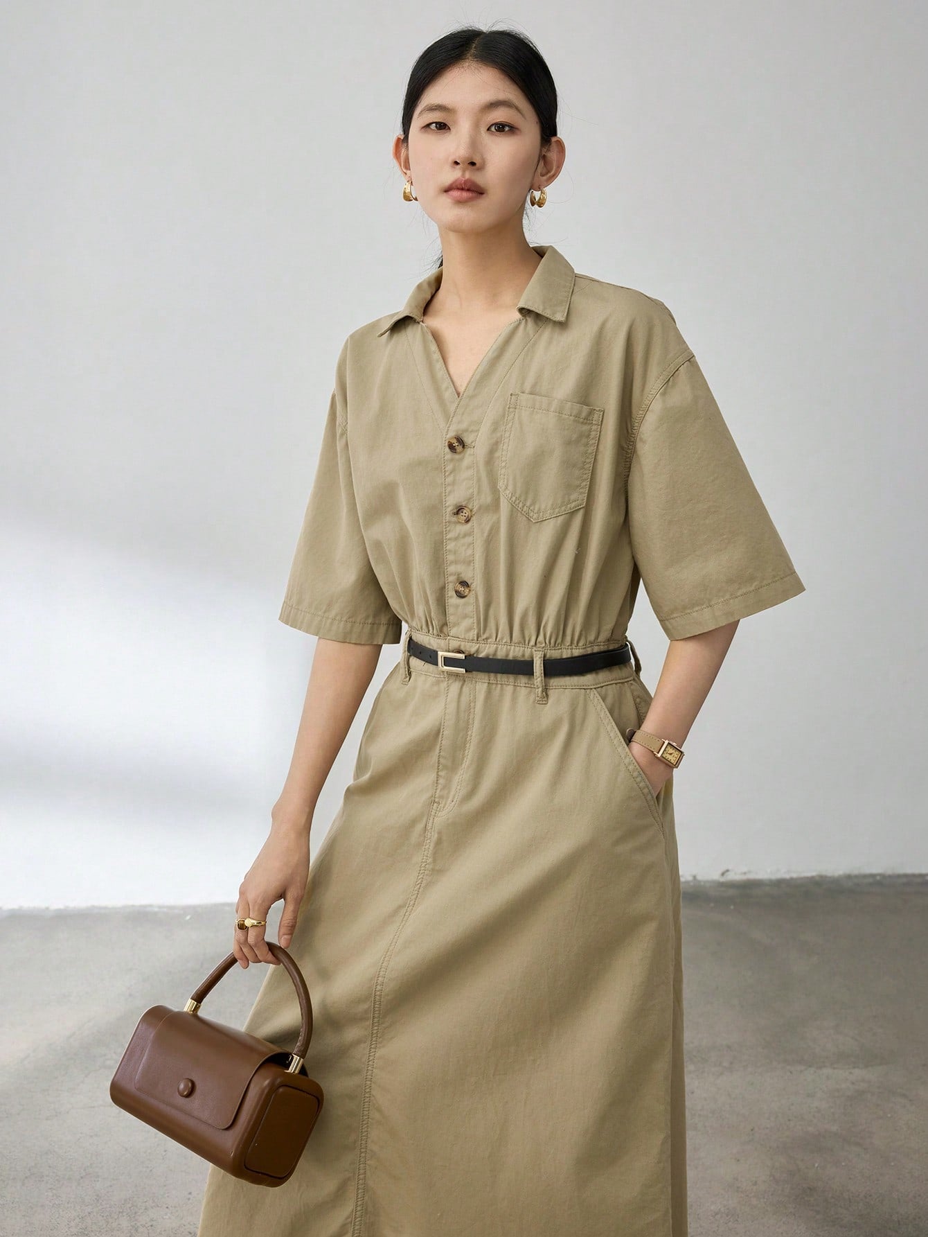 CM-DS161439 Women Casual Seoul Style Solid Color V-Neck Short Sleeve High Waist Denim Dress - Khaki