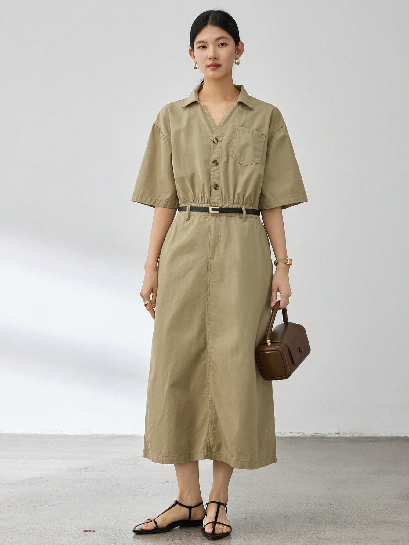 CM-DS161439 Women Casual Seoul Style Solid Color V-Neck Short Sleeve High Waist Denim Dress - Khaki
